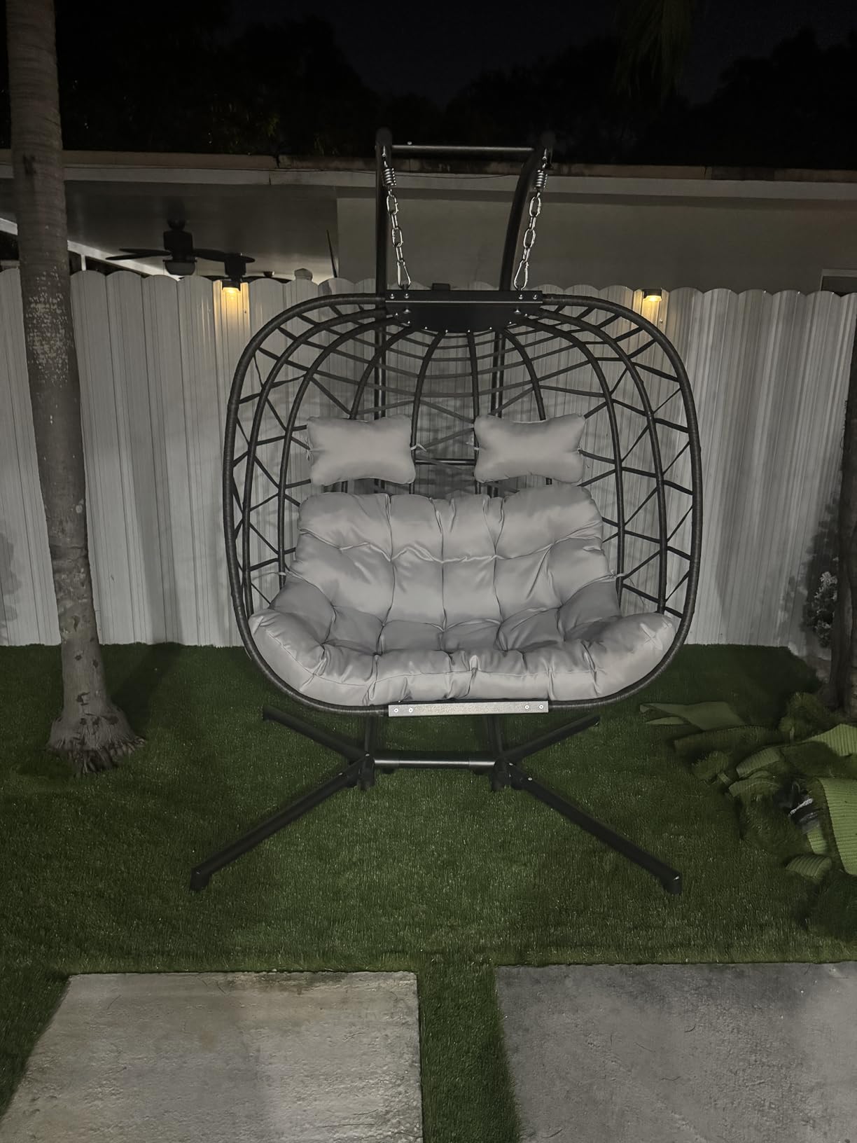 NICESOUL 2 Person Wide & Large Patio Hanging Egg Chair with Stand, Comfy Pumpkin Shape Double Swing Hammock Seat with Cushion, 700lbs Heavy Duty All-Weather Egg Loveseat for Indoor Outdoor, Grey Customer Review NICESOUL 2 Person Wide & Large Patio Hanging Egg Chair with Stand, Comfy Pumpkin Shape Double Swing Hammock Seat with Cushion, 700lbs Heavy Duty All-Weather Egg Loveseat for Indoor Outdoor, Grey - Customer Photo 2