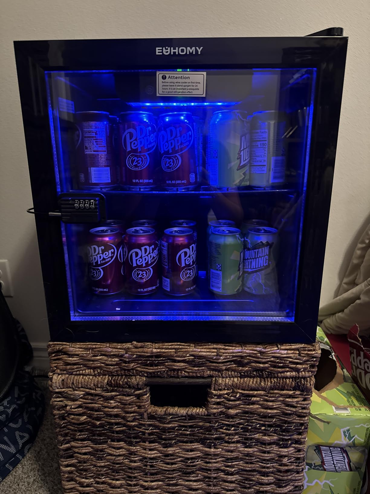 EUHOMY 48 Can Beverage Refrigerator cooler - Mini Fridge Glass Door for Beer Drinks Wines, Countertop Beverage Fridge with Adjustable Shelves Blue LED for Home/Office/Dorm/Bar, 1.3 cu.ft customer photo 1