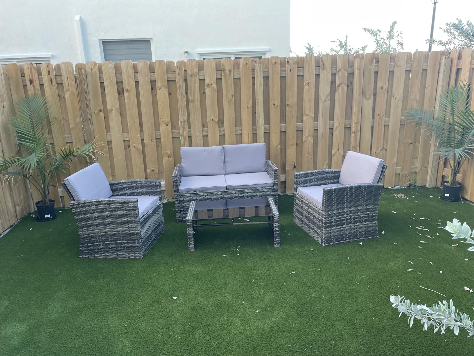8 Pieces Outdoor Wicker Rattan Patio Furniture Sectional Set, Glass Top Table with Hidden Storage, 7 Sofa Sections, Oversized Cushions, Black Color Rattan with Light Grey Cushion Customer Review 8 Pieces Outdoor Wicker Rattan Patio Furniture Sectional Set, Glass Top Table with Hidden Storage, 7 Sofa Sections, Oversized Cushions, Black Color Rattan with Light Grey Cushion - Customer Photo 1