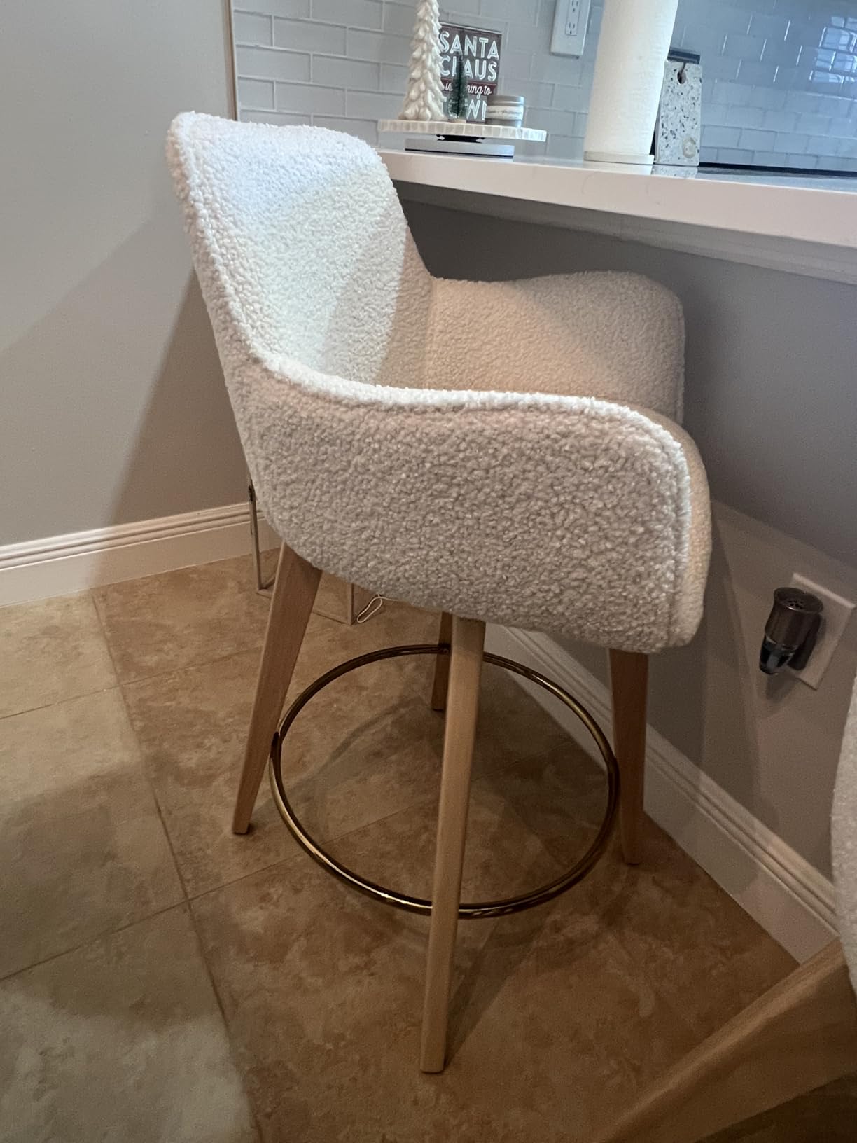 ONEVOG 26 Inch Boucle Counter Stools Set of 2, Modern Counter Height Swivel Bar Stools with Backs and Arms, Sherpa Fabric Upholstered Wooden Barstools Boho Kitchen Island Chairs, Cream White - Customer Photo 2