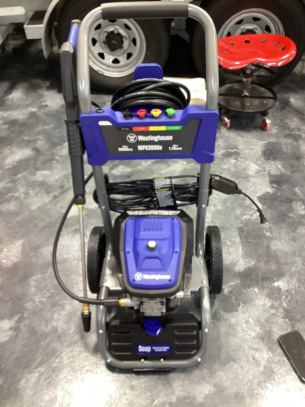 Westinghouse WPX3000e Electric Pressure Washer, 3000 Max PSI and 1.76 Max GPM, Induction Motor, Onboard Soap Tank, Spray Gun and Wand, 5 Nozzle Set, for Cars/Fences/Driveways/Homes/Patios/Furniture - Customer Photo 1