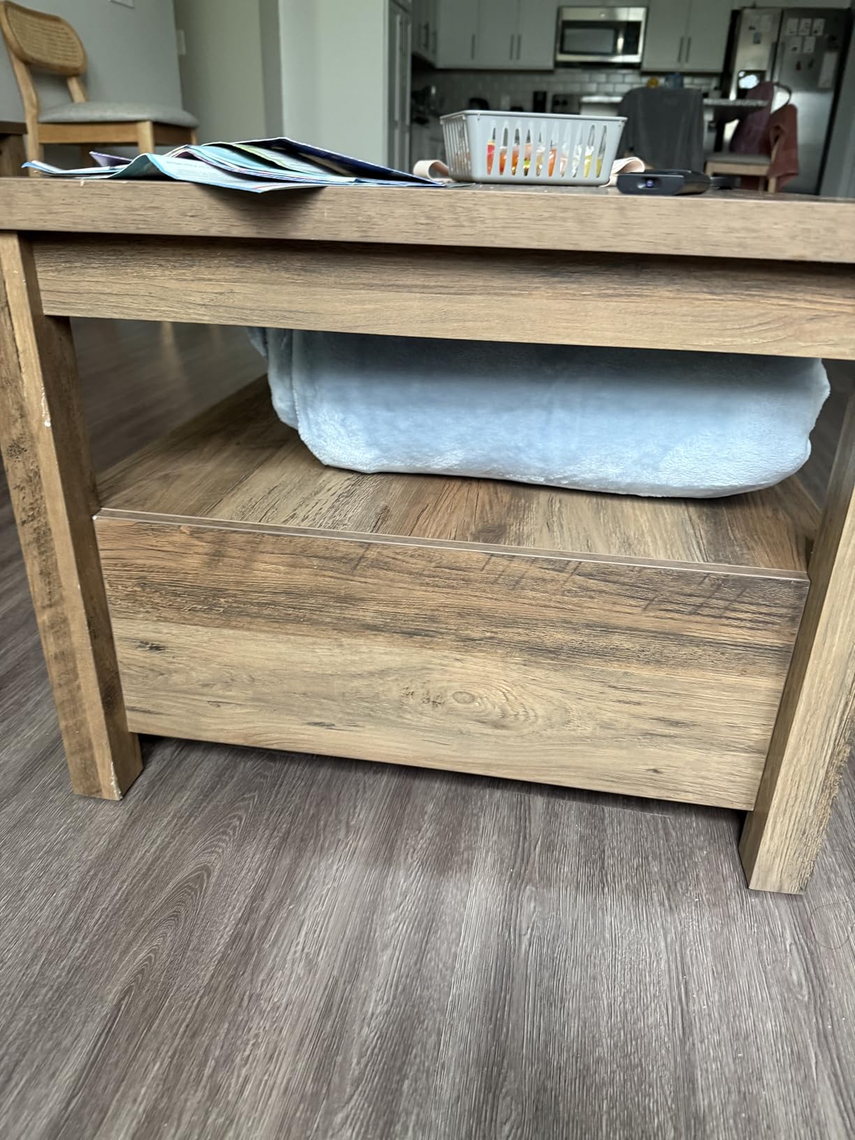 LINSY HOME Farmhouse Coffee Table with Storage, Wood Coffee Table for Living Room, Open Display Area and Storage Drawers with Metal Handles, Chic Style with Curved Base, Brown Customer Review LINSY HOME Farmhouse Coffee Table with Storage, Wood Coffee Table for Living Room, Open Display Area and Storage Drawers with Metal Handles, Chic Style with Curved Base, Brown - Customer Photo 1