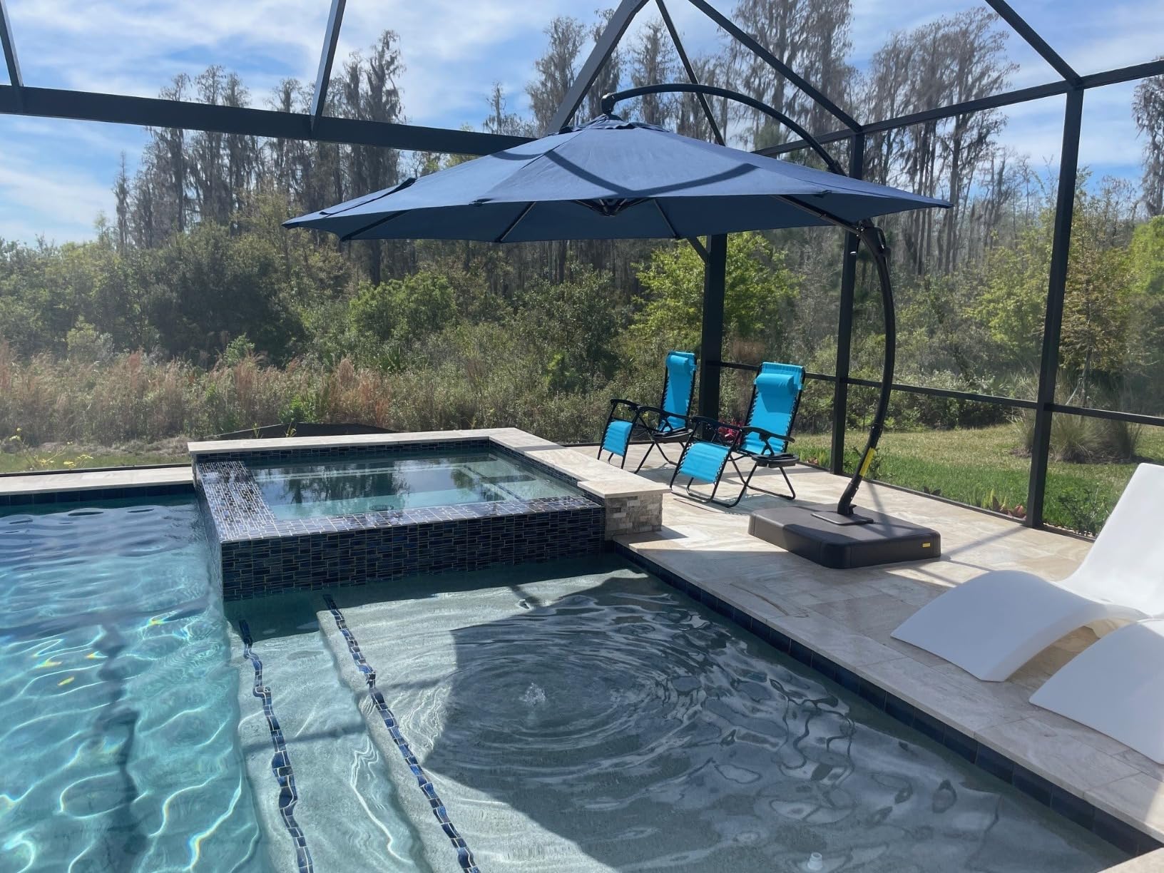 LAUSAINT HOME Sunbrella Outdoor Patio Umbrella with Base, 12FT Deluxe Curvy Cantilever Umbrella Offset Hanging Umbrella with 360° Rotation for Market, Pool, Deck, Garden, Backyard (Sunbrella Navy Blue) Customer Review LAUSAINT HOME Sunbrella Outdoor Patio Umbrella with Base, 12FT Deluxe Curvy Cantilever Umbrella Offset Hanging Umbrella with 360° Rotation for Market, Pool, Deck, Garden, Backyard (Sunbrella Navy Blue) - Customer Photo 1