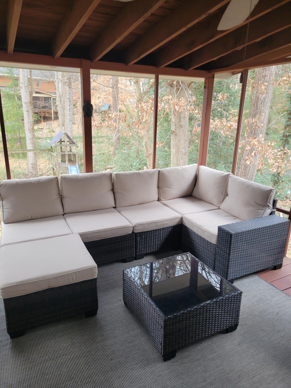 5 Pieces Patio Furniture Set All-Weather Outdoor Wicker Sectional Conversation Sofa Rattan Patio Seating Sofa with Cushion and Glass Table and Ottoman for Porch,Beige Customer Review 5 Pieces Patio Furniture Set All-Weather Outdoor Wicker Sectional Conversation Sofa Rattan Patio Seating Sofa with Cushion and Glass Table and Ottoman for Porch,Beige - Customer Photo 1