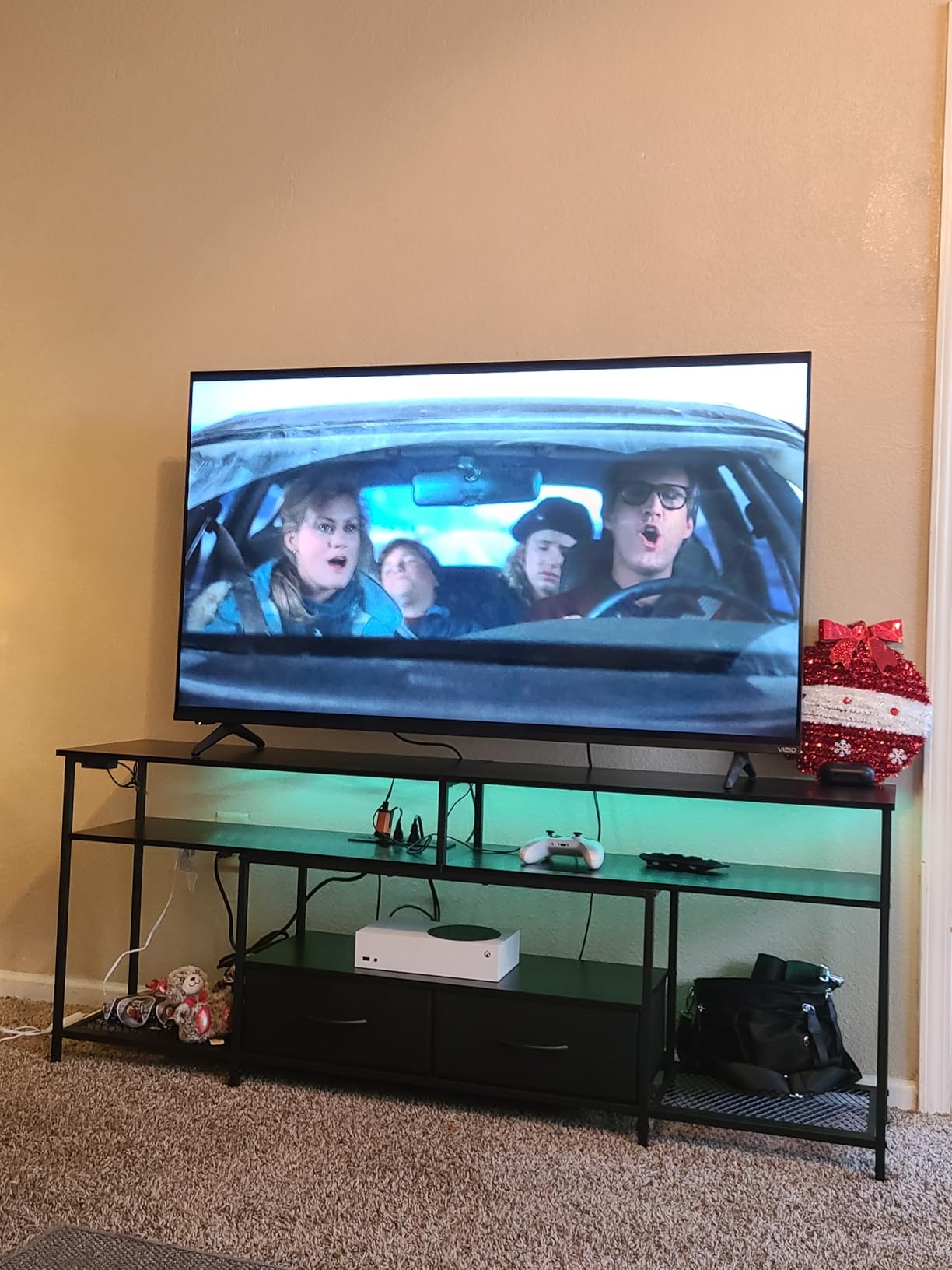 Huuger 63 Inch LED TV Stand for 65 70 Inch TV, Entertainment Center with Open Shelves and Power Outlets, TV Console for Living Room, Media Console with Drawers, Black customer photo 1