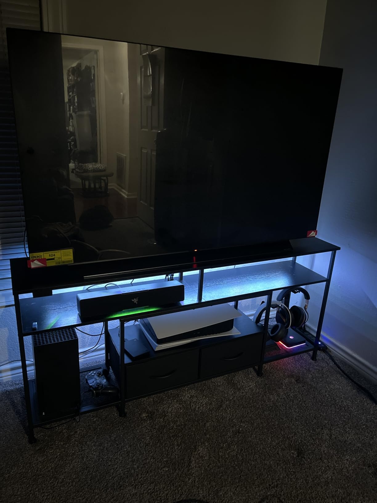 Huuger 63 Inch LED TV Stand for 65 70 Inch TV, Entertainment Center with Open Shelves and Power Outlets, TV Console for Living Room, Media Console with Drawers, Black customer photo 2