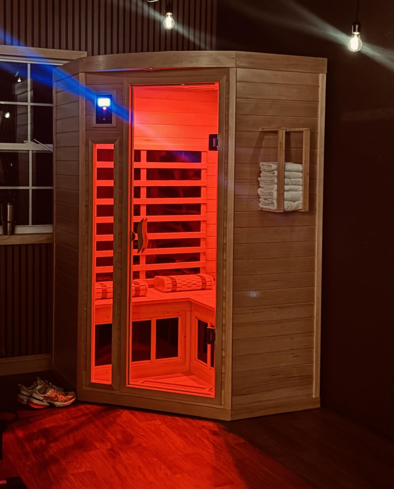 Outdoor Sauna 3 Person Infrared Sauna, Infrared Saunas for Home, 1950W Low EMF Far Infrared Sauna Old Fir Wooden Sauna with Beauty Red Light, Foldable Seat, Bluetooth, Chromotherapy Lamp, 20Amps - Customer Photo 2