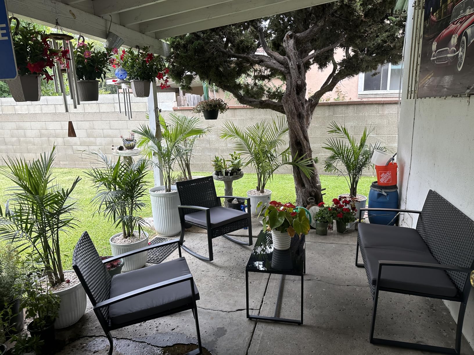 Ahomly 4 Piece Outdoor Patio Furniture Set, Wicker Patio Furniture with Glass Coffee Table, Rocking Wicker Bistro Set, for Backyard, Poolside, Porch (Grey) - Customer Photo 2
