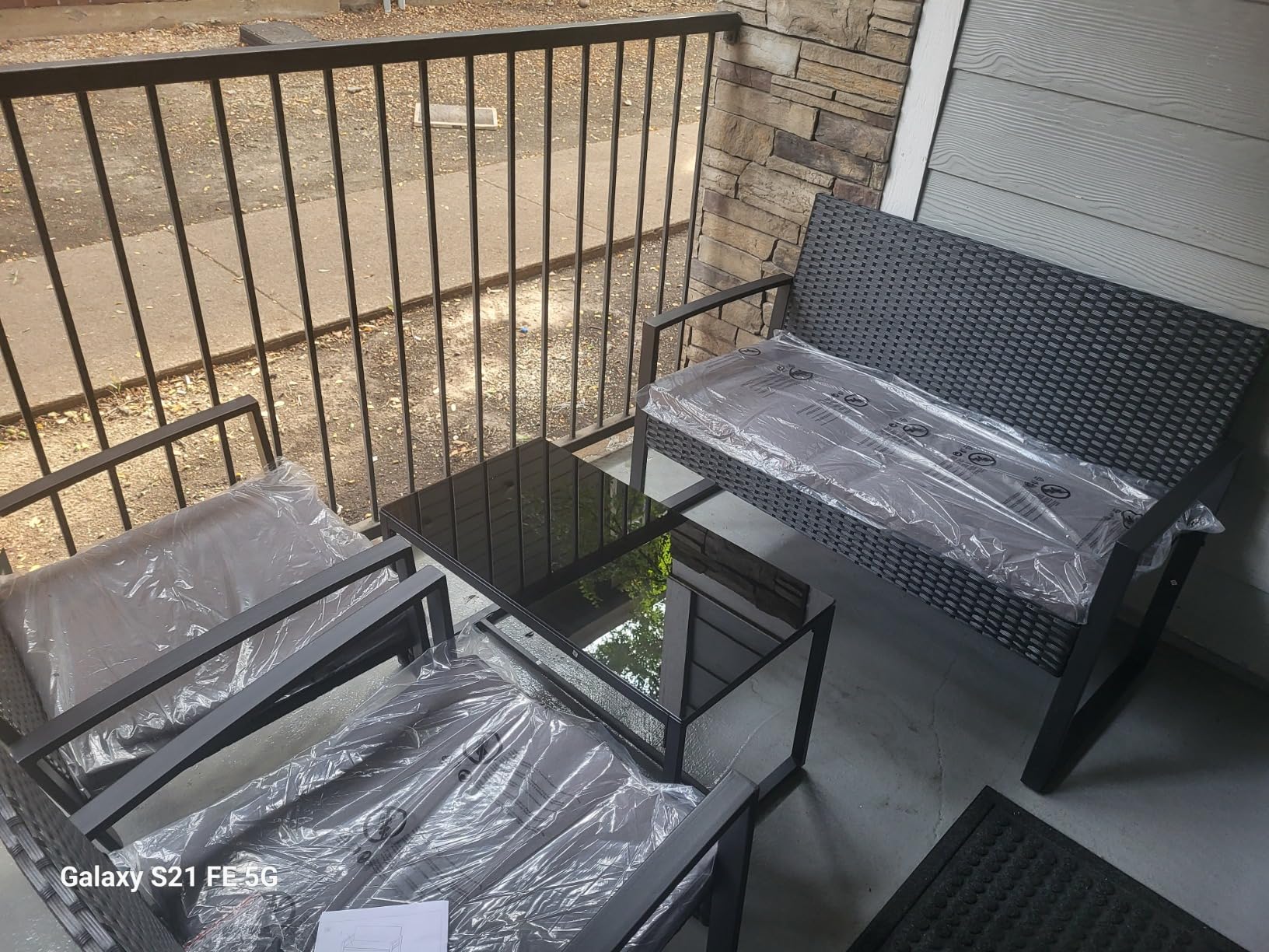 Ahomly 4 Piece Outdoor Patio Furniture Set, Wicker Patio Furniture with Glass Coffee Table, Rocking Wicker Bistro Set, for Backyard, Poolside, Porch (Grey) - Customer Photo 4