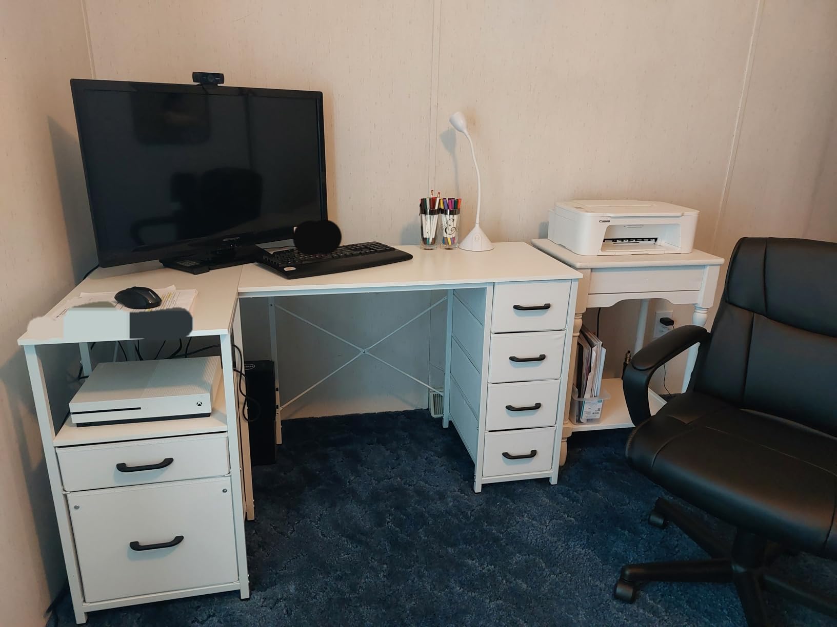 Coleshome L Shaped Computer Desk with 6 Drawers & Power Outlet, 55 Inch Corner Desk with Reversible Storage Shelf & File Drawer, Home Office Desk, White - Customer Photo 1