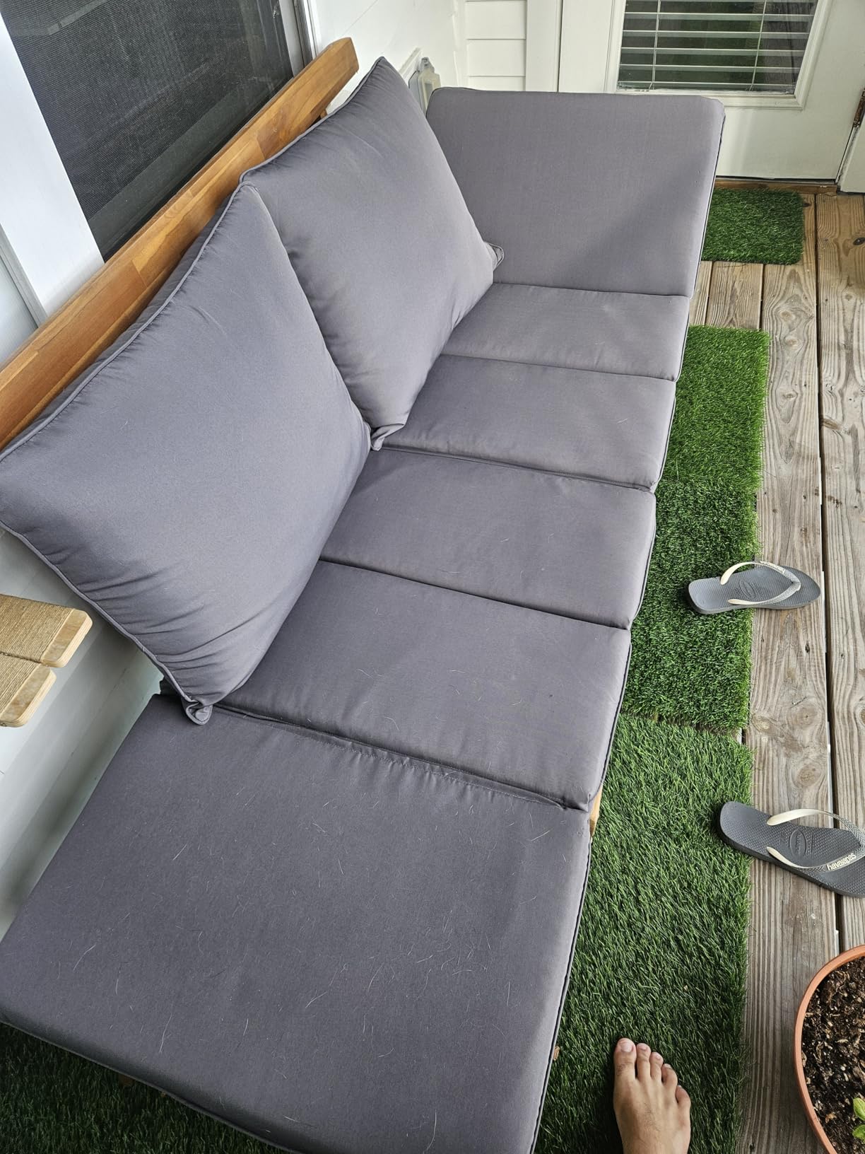 Devoko Outdoor Couch Acacia Wood Patio Couch with Adjustable Armrests, Outdoor Convertible Sofa with Removable Cushions & Pillows for Patio, Porch, Poolside (White) - Customer Photo 1