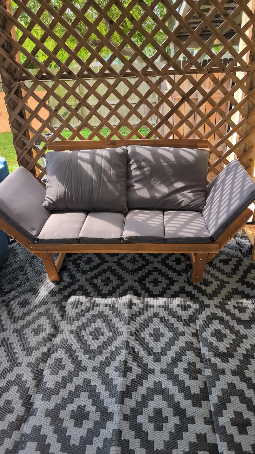 Devoko Outdoor Couch Acacia Wood Patio Couch with Adjustable Armrests, Outdoor Convertible Sofa with Removable Cushions & Pillows for Patio, Porch, Poolside (White) - Customer Photo 2