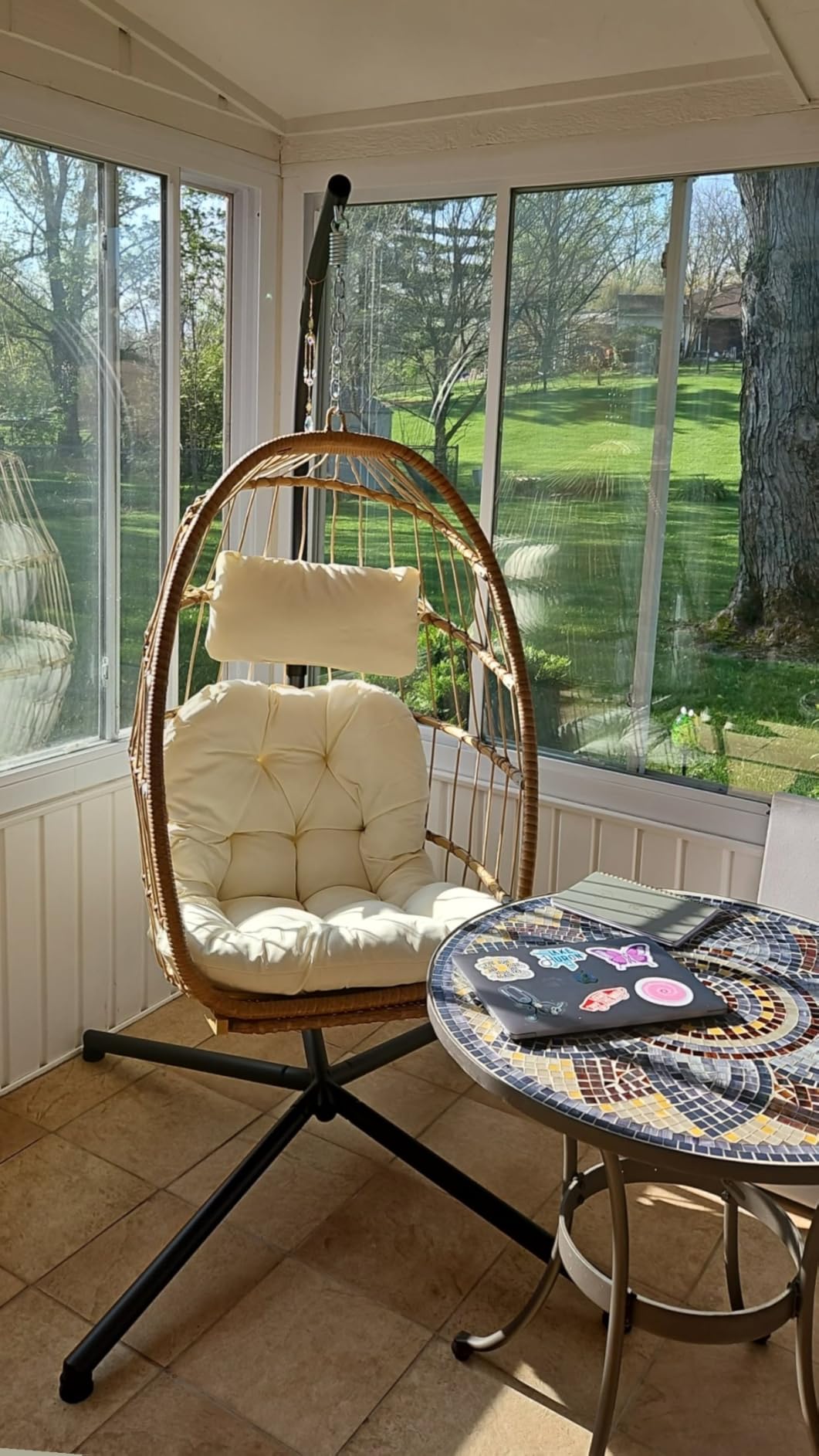 Brafab Hanging Egg Chair with Stand and Footrest, Wicker Egg Swing Chair Indoor Outdoor Aluminum-Steel Frame and UV Resistant Cushion, Patio Lounge Hammock Chairs for Bedroom 370LBS Capacity, Begie Customer Review Brafab Hanging Egg Chair with Stand and Footrest, Wicker Egg Swing Chair Indoor Outdoor Aluminum-Steel Frame and UV Resistant Cushion, Patio Lounge Hammock Chairs for Bedroom 370LBS Capacity, Begie - Customer Photo 1