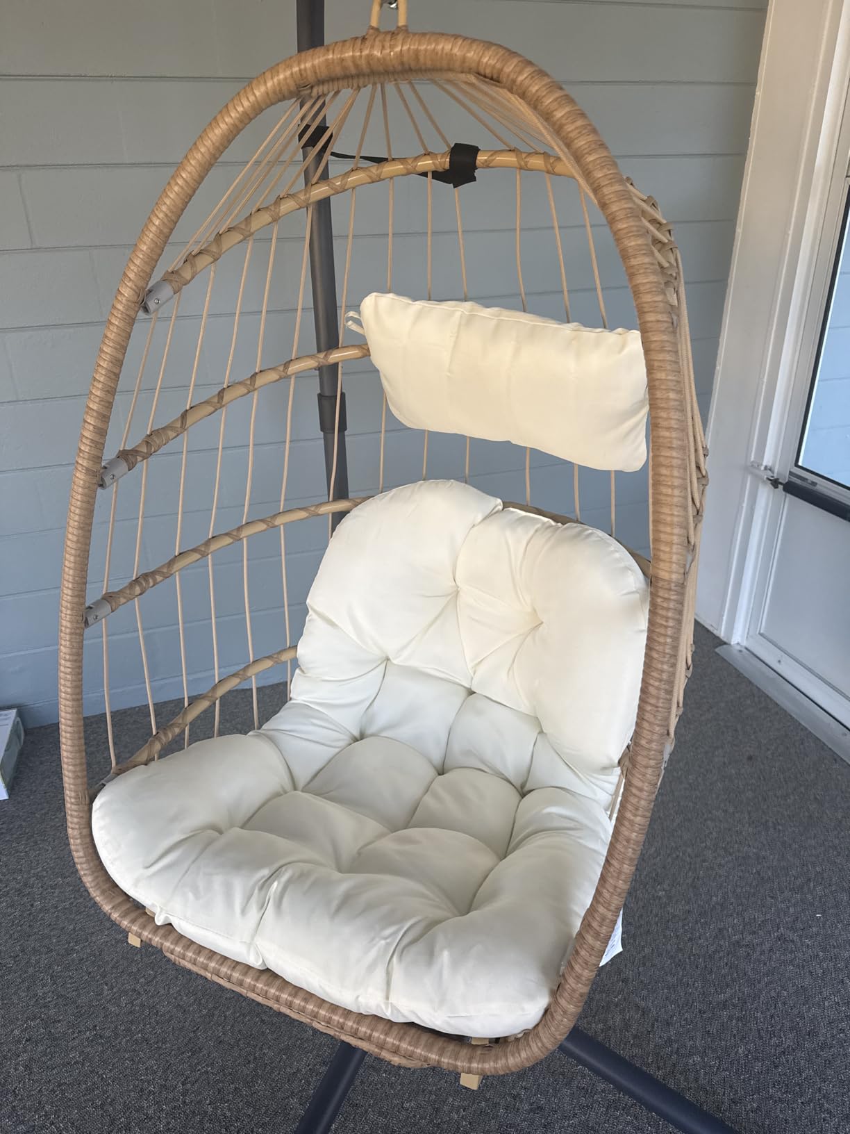 Brafab Hanging Egg Chair with Stand and Footrest, Wicker Egg Swing Chair Indoor Outdoor Aluminum-Steel Frame and UV Resistant Cushion, Patio Lounge Hammock Chairs for Bedroom 370LBS Capacity, Begie Customer Review Brafab Hanging Egg Chair with Stand and Footrest, Wicker Egg Swing Chair Indoor Outdoor Aluminum-Steel Frame and UV Resistant Cushion, Patio Lounge Hammock Chairs for Bedroom 370LBS Capacity, Begie - Customer Photo 2