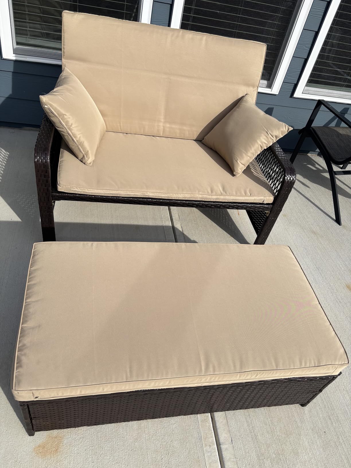 Tangkula Patio Rattan Daybed with 4-Level Adjustable Backrest, 2-Person Outdoor Wicker Loveseat with Storage Ottoman & Soft Cushions, Double Sunbed Lounger for Backyard, Porch, Poolside (Navy) - Customer Photo 1
