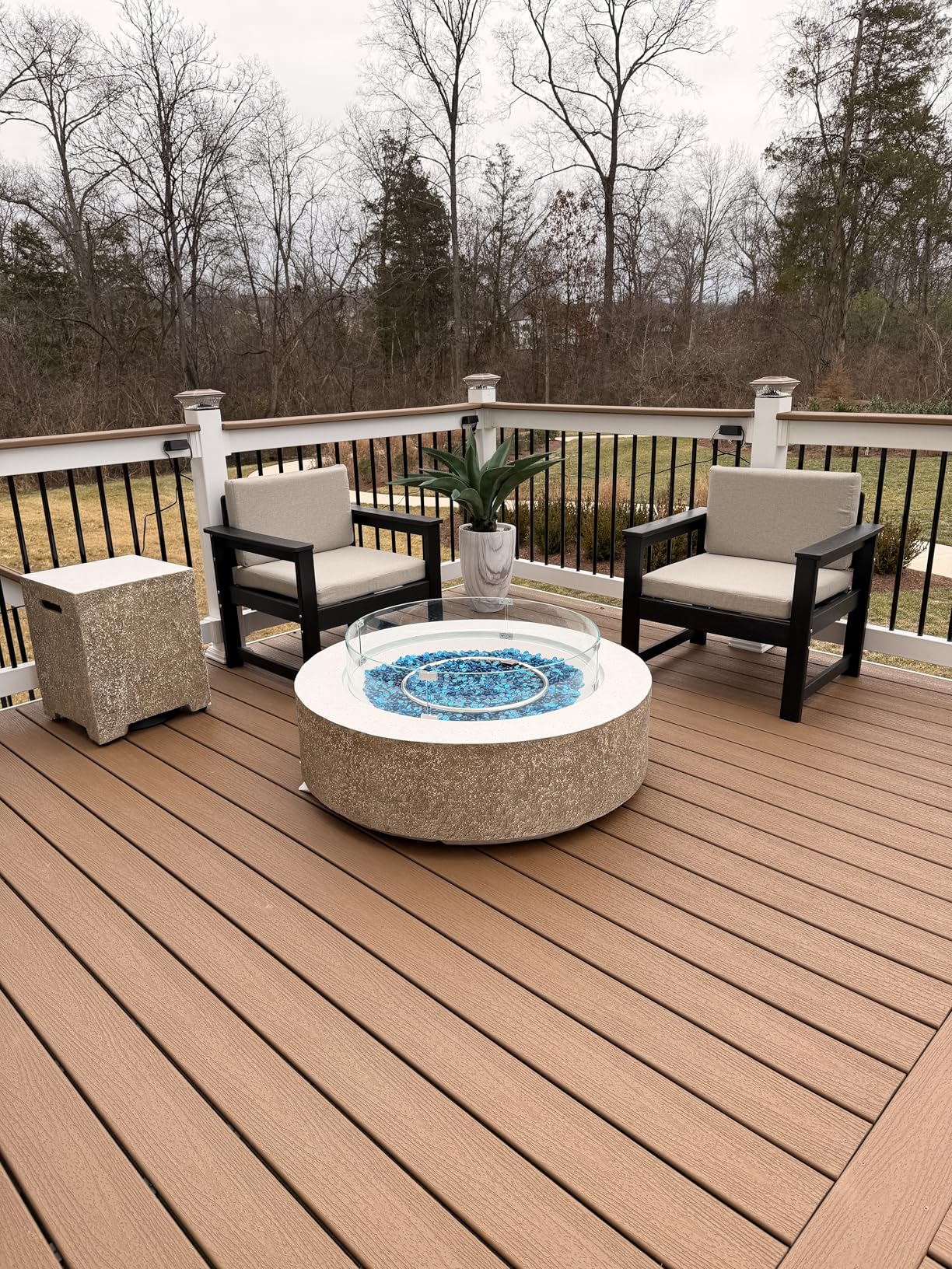 UPHA 56-inch Outdoor Propane Gas Fire Pit Table 50000 BTU Concrete Rectangle FirePit for Outside Patio with Propane Tank Cover, Wind Guad, Blue Glass Rocks, Rain Cover, Beige Texture - Customer Photo 1