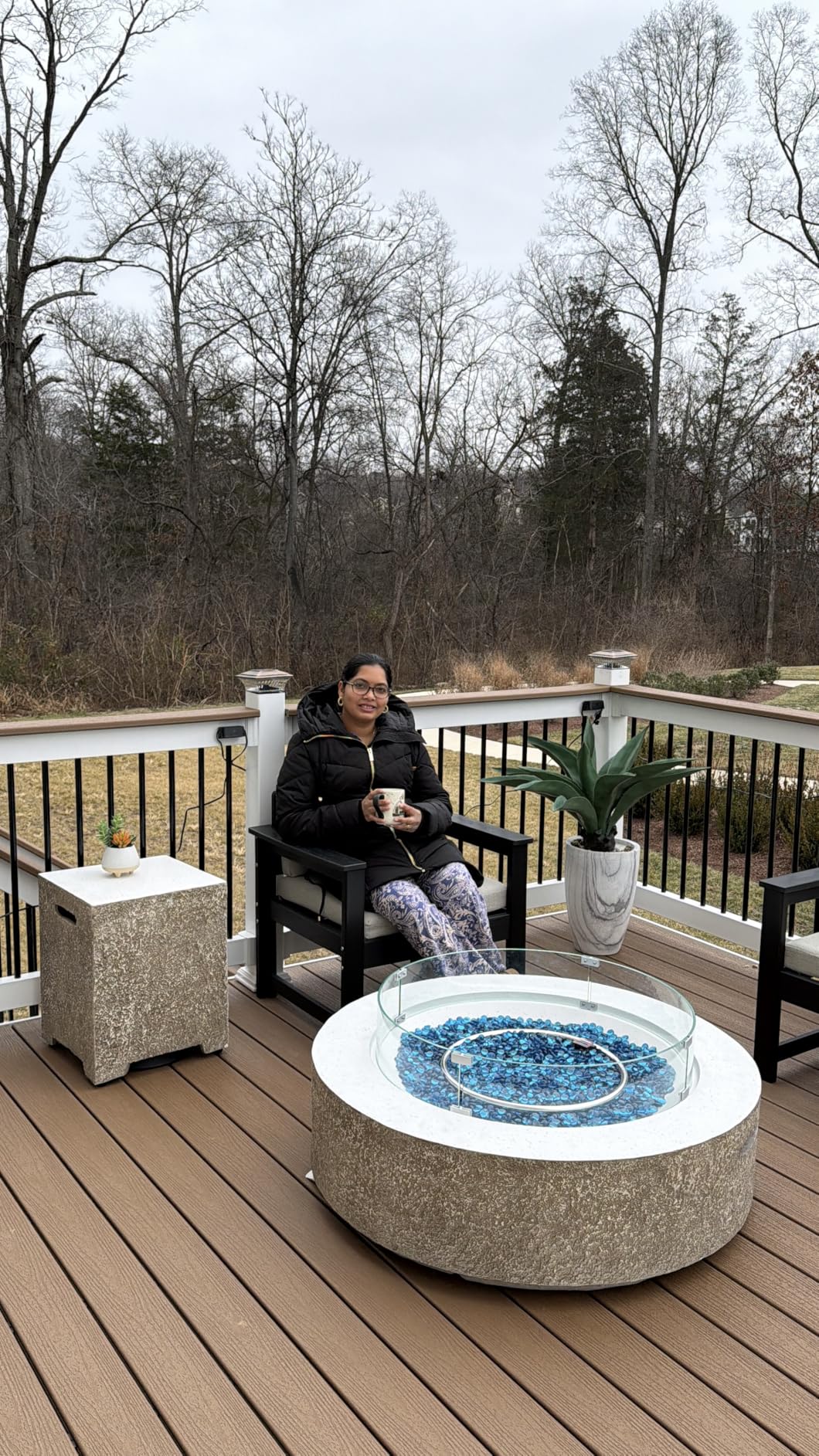 UPHA 56-inch Outdoor Propane Gas Fire Pit Table 50000 BTU Concrete Rectangle FirePit for Outside Patio with Propane Tank Cover, Wind Guad, Blue Glass Rocks, Rain Cover, Beige Texture - Customer Photo 2