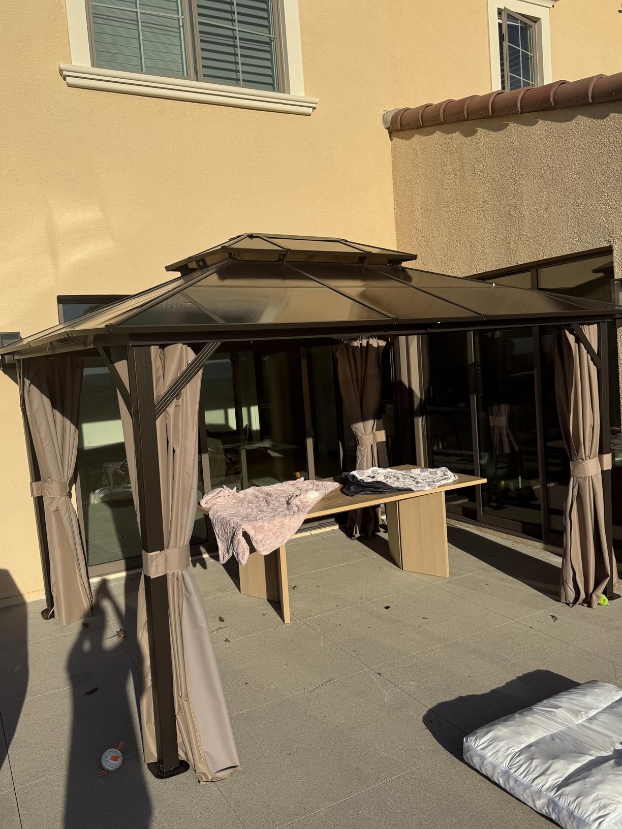 Aoxun 12'x10' Hardtop Gazebo, Aluminum Frame Permanent Pavilion with Curtains and Netting, Outdoor Polycarbonate Double Roof Canopy, Designed for Garden, Lawns, Patio, Brown customer photo 1