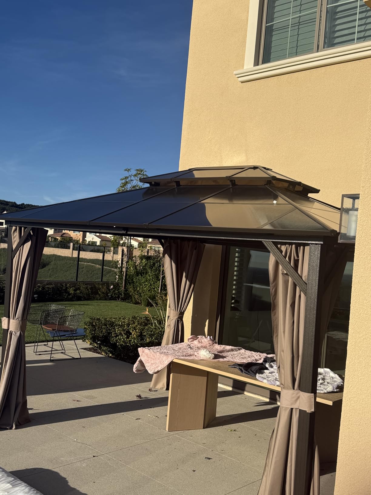 Aoxun 12'x10' Hardtop Gazebo, Aluminum Frame Permanent Pavilion with Curtains and Netting, Outdoor Polycarbonate Double Roof Canopy, Designed for Garden, Lawns, Patio, Brown customer photo 2