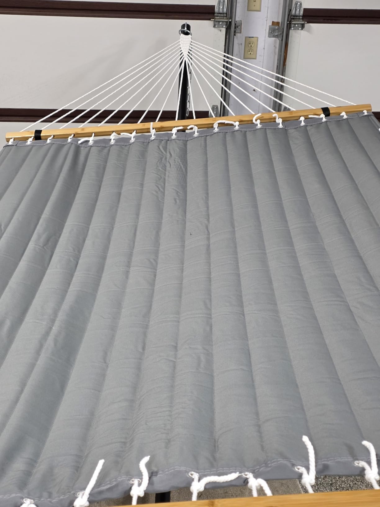Double Hammock with Stand for Outdoor, Heavy Duty Portable Hammock with Adjustable Steel Stand for Patio, Garden, Beach, Backyard - Includes Carrying Bag,White Grey - Customer Photo 2