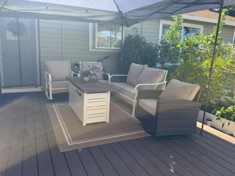 Patio Furniture Set with 56'' Fire Pit Table, Black Metal Frame Outdoor Conversation Set with 2 x Fixed Chairs, 2 x Swivel Chairs, 1 x 3-Seat Sofa for Lawn Garden Backyard, Beige - Customer Photo 2