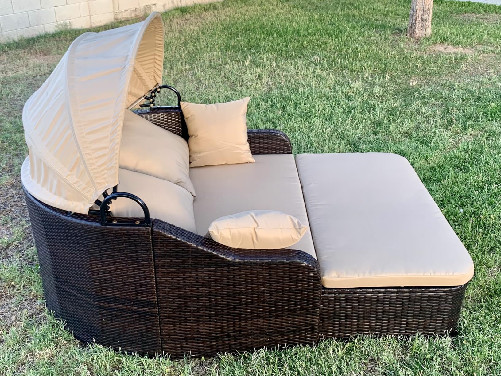 Moccha Outdoor Daybed with Retractable Canopy - PE Rattan Double Chaise Lounge w/ Soft Cushions, Pillows, Ottoman, Outside Sunbed, Wicker Loveseat Sofa, Sectional Conversation Set, Patio Furniture Set - Customer Photo 2