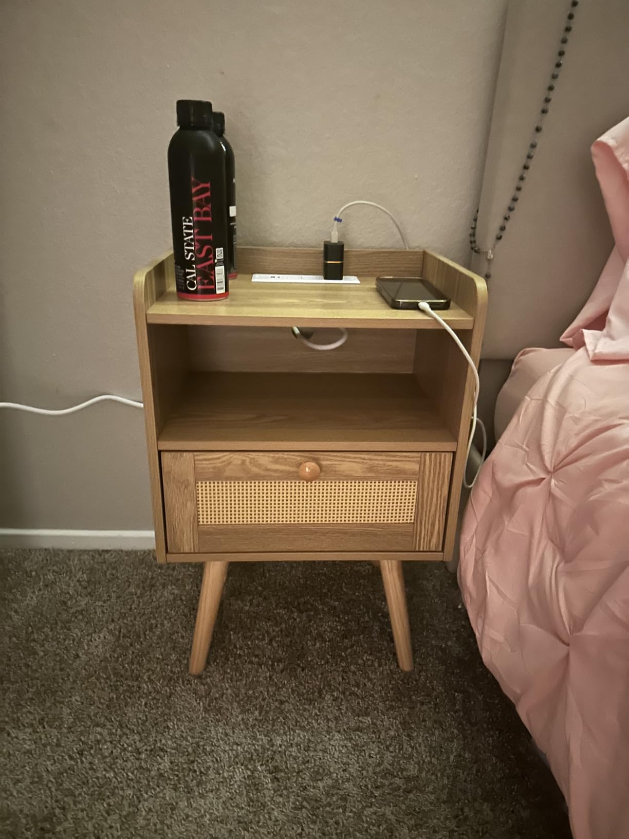 SUPERJARE Nightstands Set of 2, Night Stands with Charging Station & PE Rattan Decor Drawer, Bed Side Tables with Solid Wood Feet, End Table, for Bedroom, Living Room, Walnut - Customer Photo 2