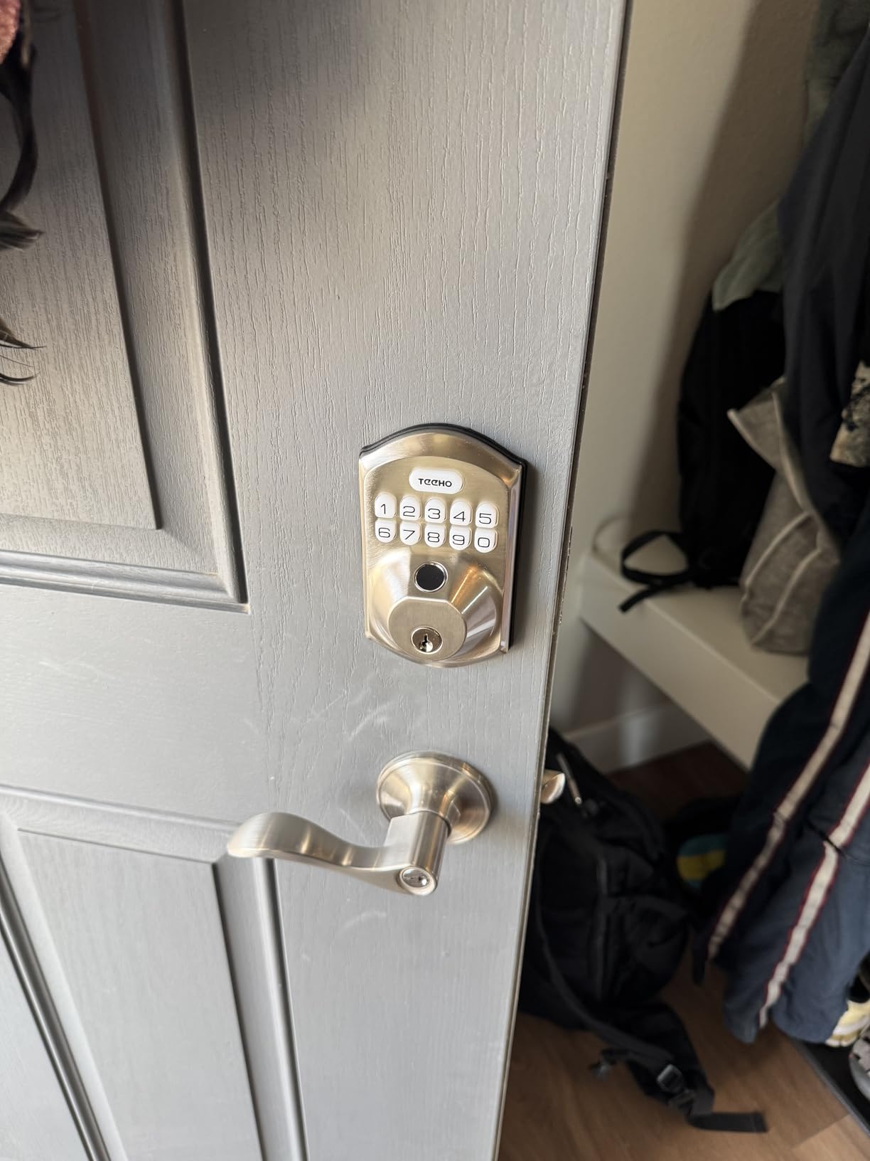 TEEHO TE012W WiFi Smart Lock, Fingerprint Door Lock with Built-in Wi-Fi, Keyless Entry Keypad Smart Deadbolt, App Remote Control, Alexa Compatible, IP55 Waterproof for Front Door – Satin Nickel - Customer Photo 1