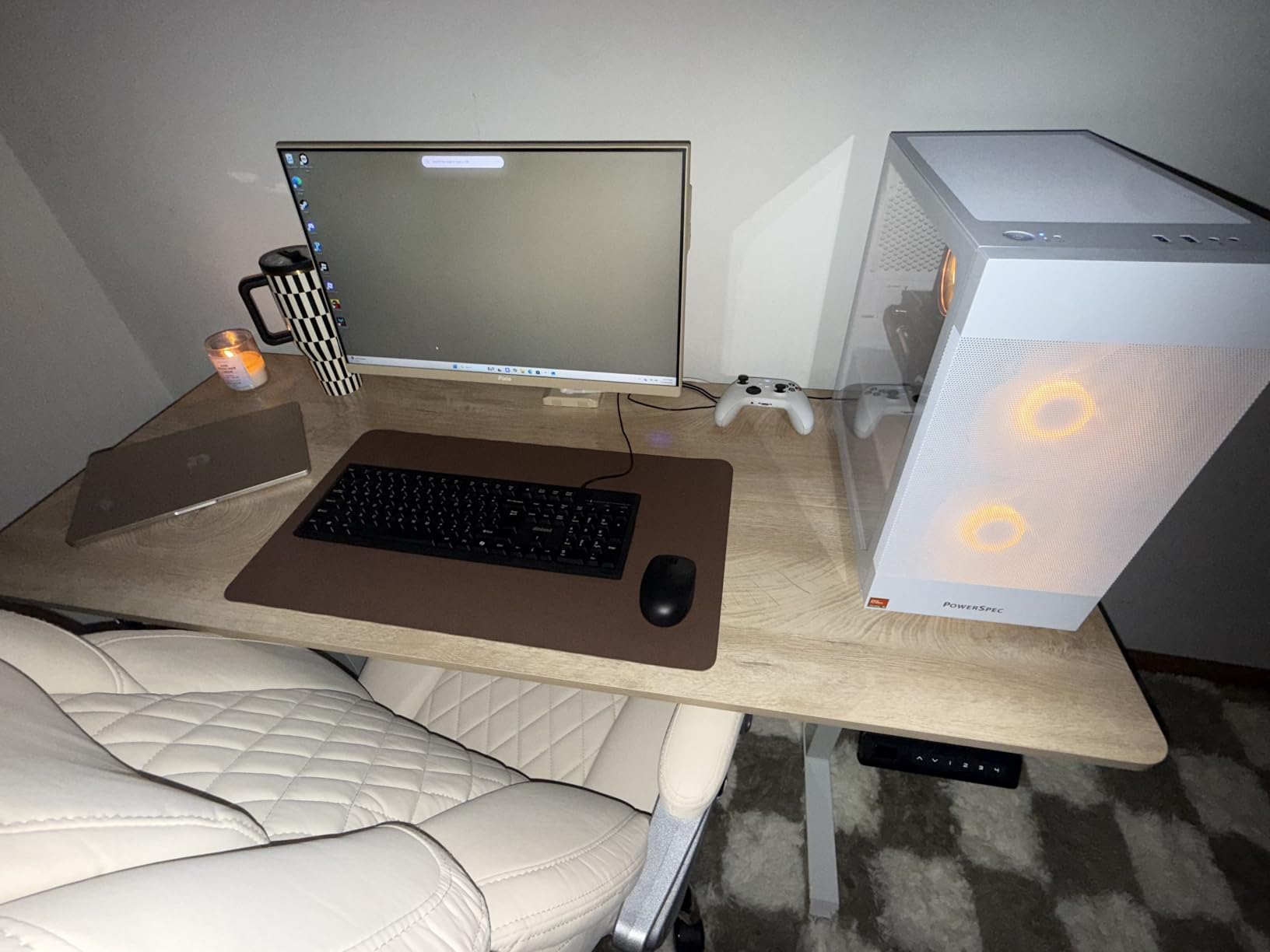 FEZIBO Standing Desk, 48 × 24 Inches Electric Height Adjustable, Sit and Stand Up, Computer Office Desk with Splice Board, White Frame/Maple TOP - Customer Photo 1