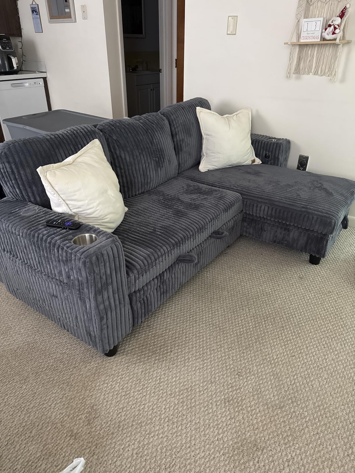 LINSY HOME Sectional Sleeper Sofa with Pull Out Couch Bed Convertible Plush Corduroy Cloud Couch with Storage Chaise & USB Charging, Comfy L Shaped Modular Couches for Living Room Apartment (Green) - Customer Photo 2