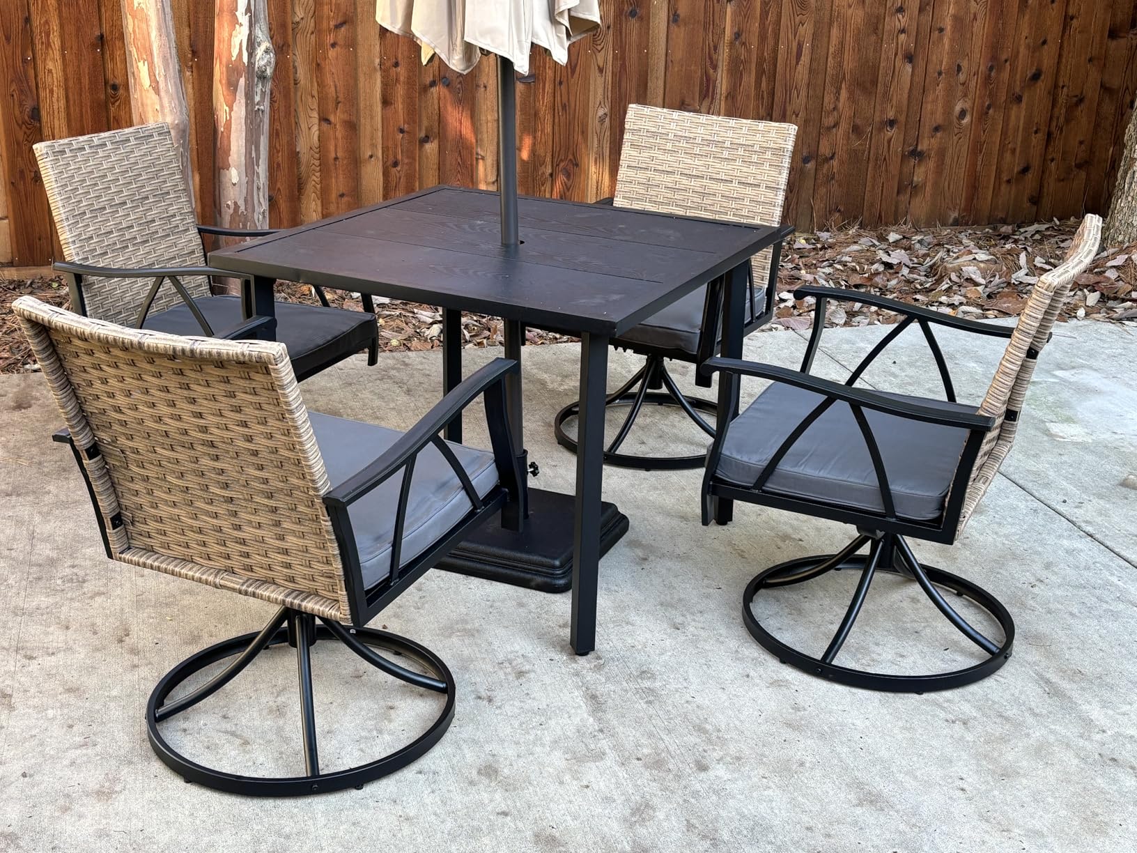 7-Piece Patio Dining Set for 6, Outdoor Dining Set with Wicker Swivel Patio Dining Chairs with Cushions & Black Rectangular Woodgrain Dining Table with 1.75 7-Piece Patio Dining Set for 6, Outdoor Dining Set with Wicker Swivel Patio Dining Chairs with Cushions & Black Rectangular Woodgrain Dining Table with 1.75