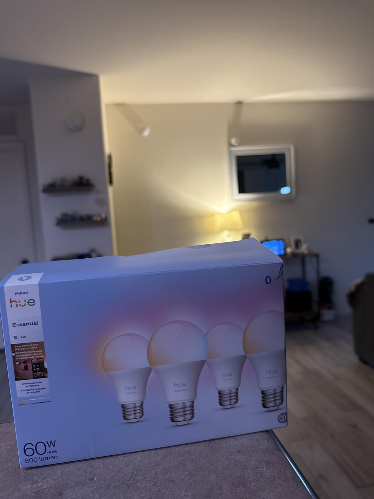Philips Hue Essential Smart LED A19 Bulb, White and Color Ambiance, E26 Base, 8.8W, 2200K-6500K, 800 Lumens, Dimmable, Works with Alexa, Google, and Apple Home, 4-Pack - Customer Photo 1