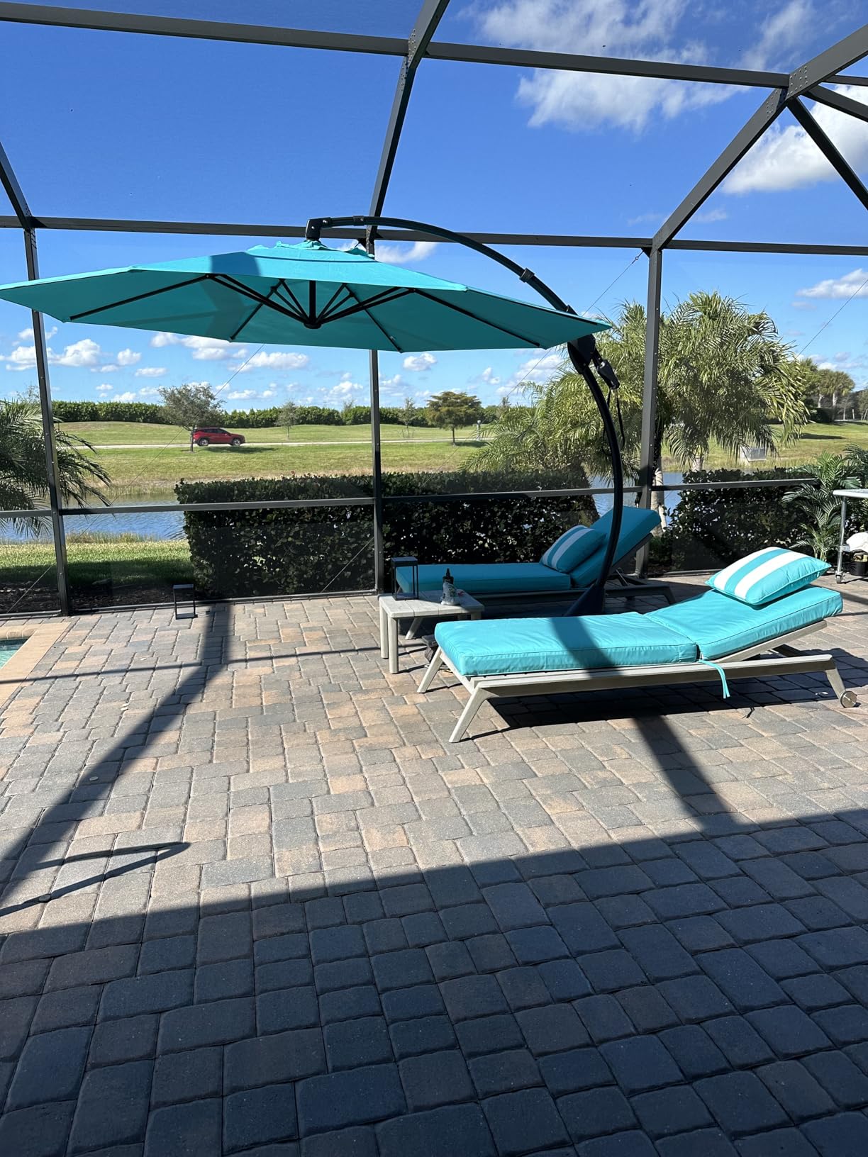 Grand patio 12 FT Sunbrella Cantilever Umbrella with Base Outdoor Aluminum Offset Umbrella with Tilt Adjustment (Flax, 12 FT-SUNBRELLA) Customer Review Grand patio 12 FT Sunbrella Cantilever Umbrella with Base Outdoor Aluminum Offset Umbrella with Tilt Adjustment (Flax, 12 FT-SUNBRELLA) - Customer Photo 1