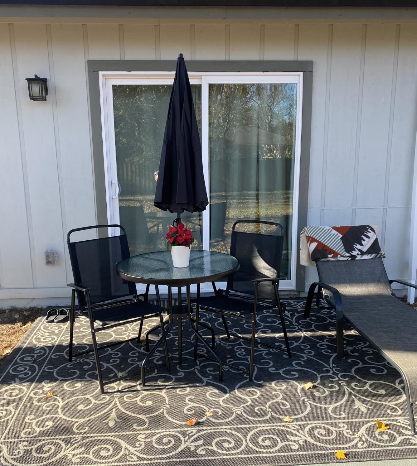 Vongrasig 6 Pieces Folding Patio Dining Set, All Weather Small Metal Outdoor Table and Chairs Set, Patio Furniture Set w/Umbrella, Glass Table & 4 Folding Chairs for Garden, Lawn, Backyard, Brown Customer Review Vongrasig 6 Pieces Folding Patio Dining Set, All Weather Small Metal Outdoor Table and Chairs Set, Patio Furniture Set w/Umbrella, Glass Table & 4 Folding Chairs for Garden, Lawn, Backyard, Brown - Customer Photo 1