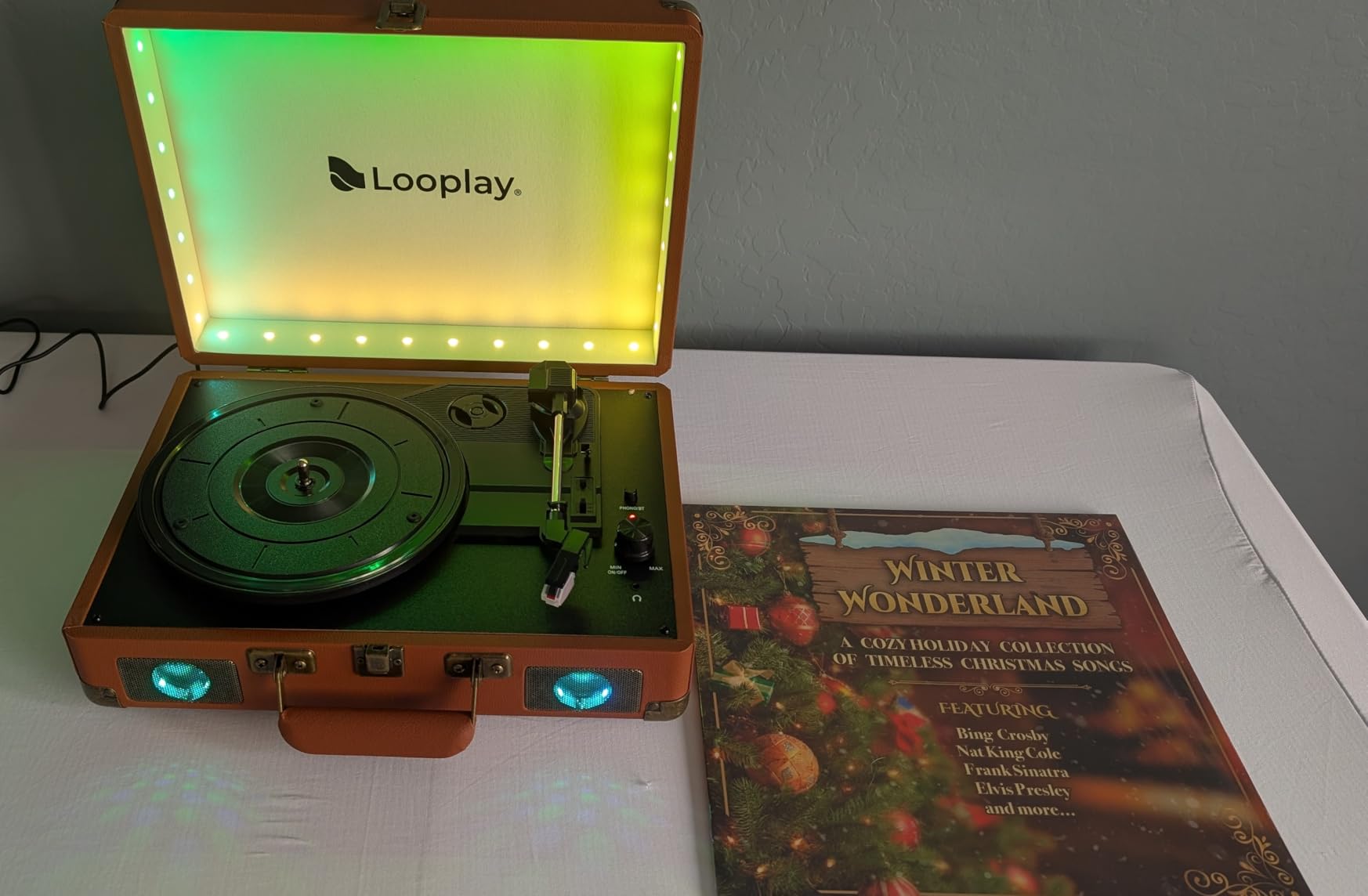 Premium Bluetooth Vinyl Record Player with Speakers & LED Lights - Portable Suitcase Turntable, 3-Speed LP Vinyl Player with Auto-Stop & RCA Output - Retro Gift, Exclusive Holiday Album Included - Customer Photo 2