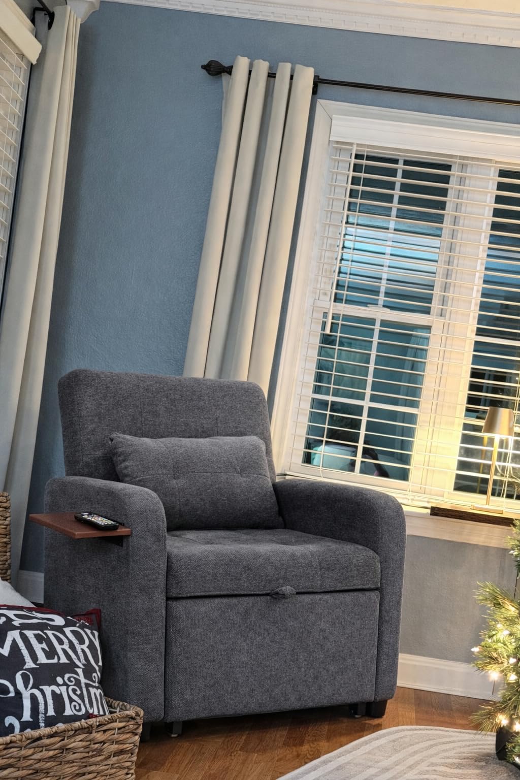 Convertible Sleeper Chair-Fabric Futon Sofa Bed, Single Sleeper Sofa, Small Couch Bed with USB Port, Foldable Table, Pillow, Adjustable Backrest for Dorm/Bedroom/College Darkgrey - Customer Photo 1
