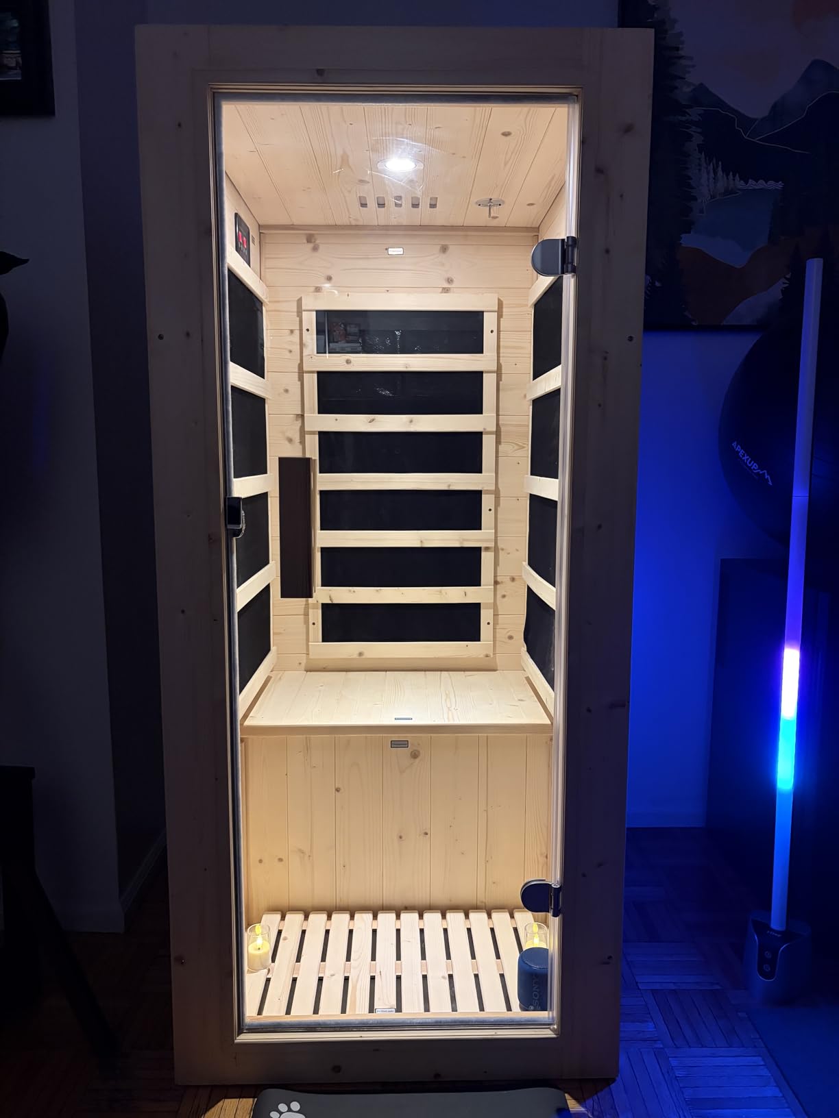 Albott Outdoor Sauna 1 Person, Infrared Saunas for Home, Low EMF 110V Spruce Wood Dry Sauna with Tourmaline Stone Foot Warmer, 7-Color Light Therapy & 2 Bluetooth Speakers, 33.5