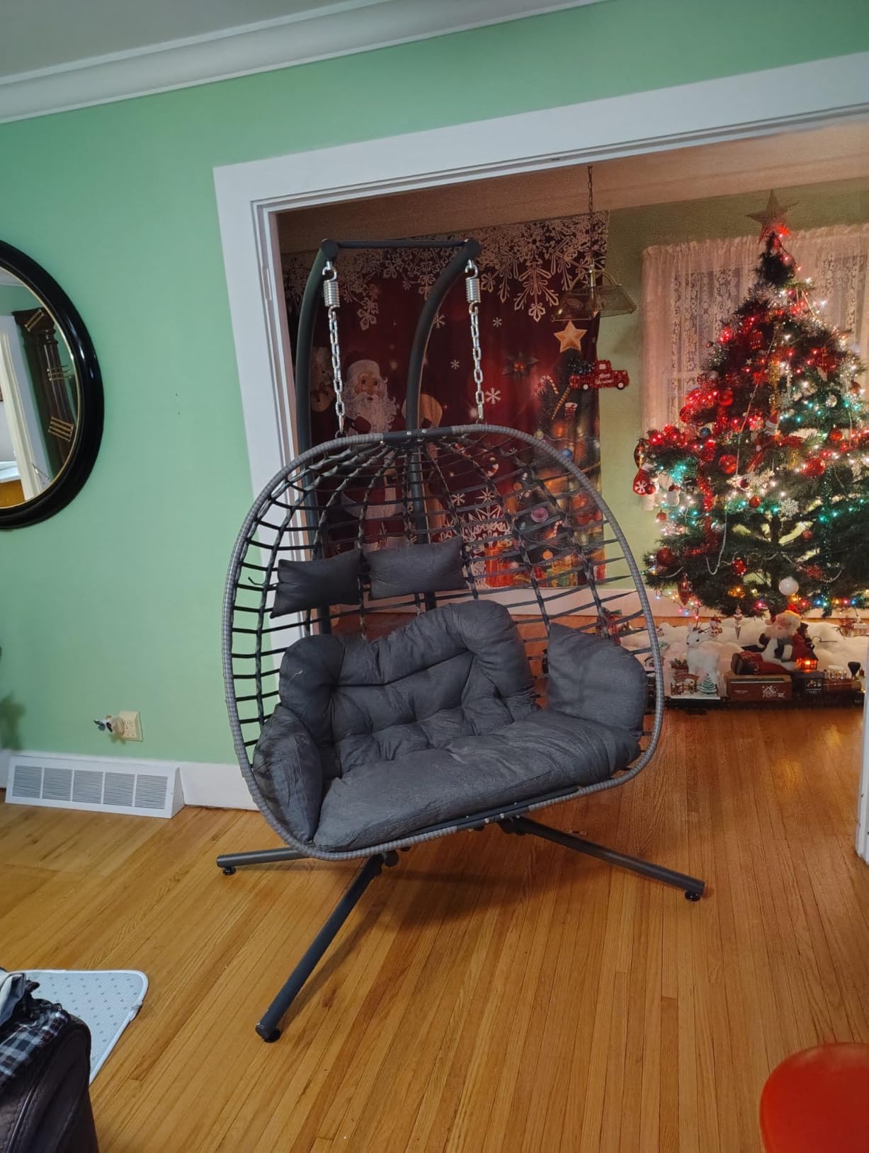 SWITTE Double Hanging Egg Chair with Stand, Outdoor Patio 2 Person Wicker Hammock Swing Chairs with Cushion Loveseat for Indoor Bedroom, Lawn, Garden-Beige Customer Review SWITTE Double Hanging Egg Chair with Stand, Outdoor Patio 2 Person Wicker Hammock Swing Chairs with Cushion Loveseat for Indoor Bedroom, Lawn, Garden-Beige - Customer Photo 2