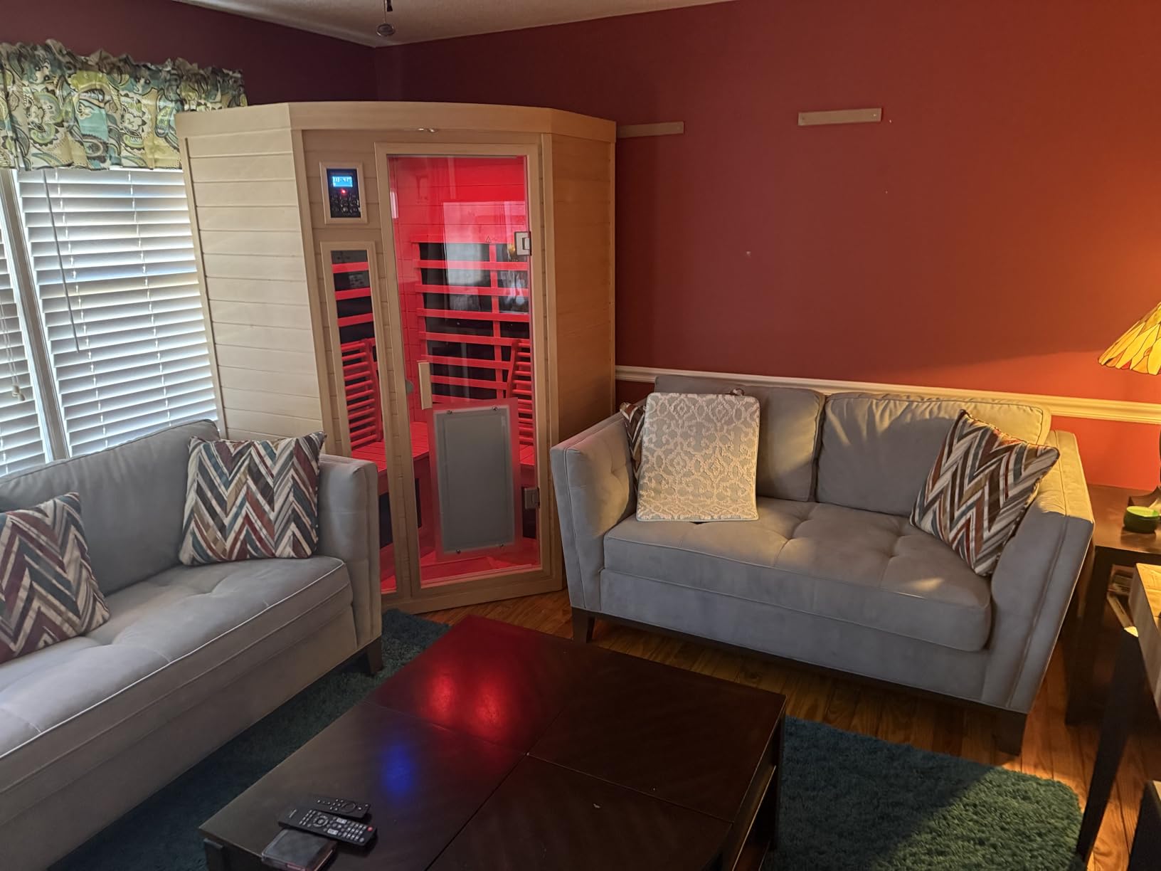 KUNSANA Outdoor Sauna 2 Person, Ceramic Infrared Saunas for Home, Ultra Low EMF Infrared Sauna, Mahogany Wood Home Sauna Room with Bluetooth Speakers, LED Reading Lamps, Chromotherapy Lights - Customer Photo 1