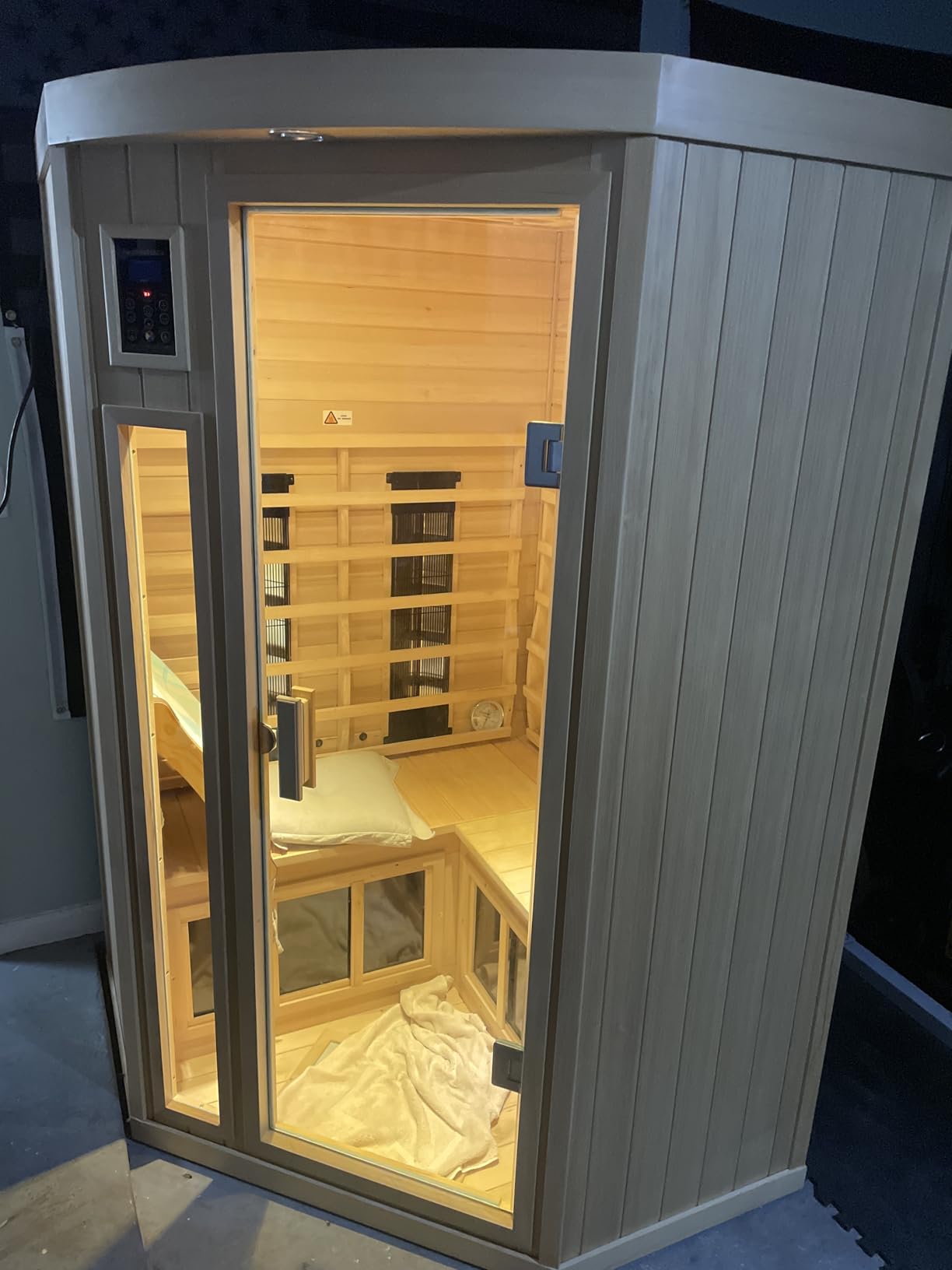 KUNSANA Outdoor Sauna 2 Person, Ceramic Infrared Saunas for Home, Ultra Low EMF Infrared Sauna, Mahogany Wood Home Sauna Room with Bluetooth Speakers, LED Reading Lamps, Chromotherapy Lights - Customer Photo 2