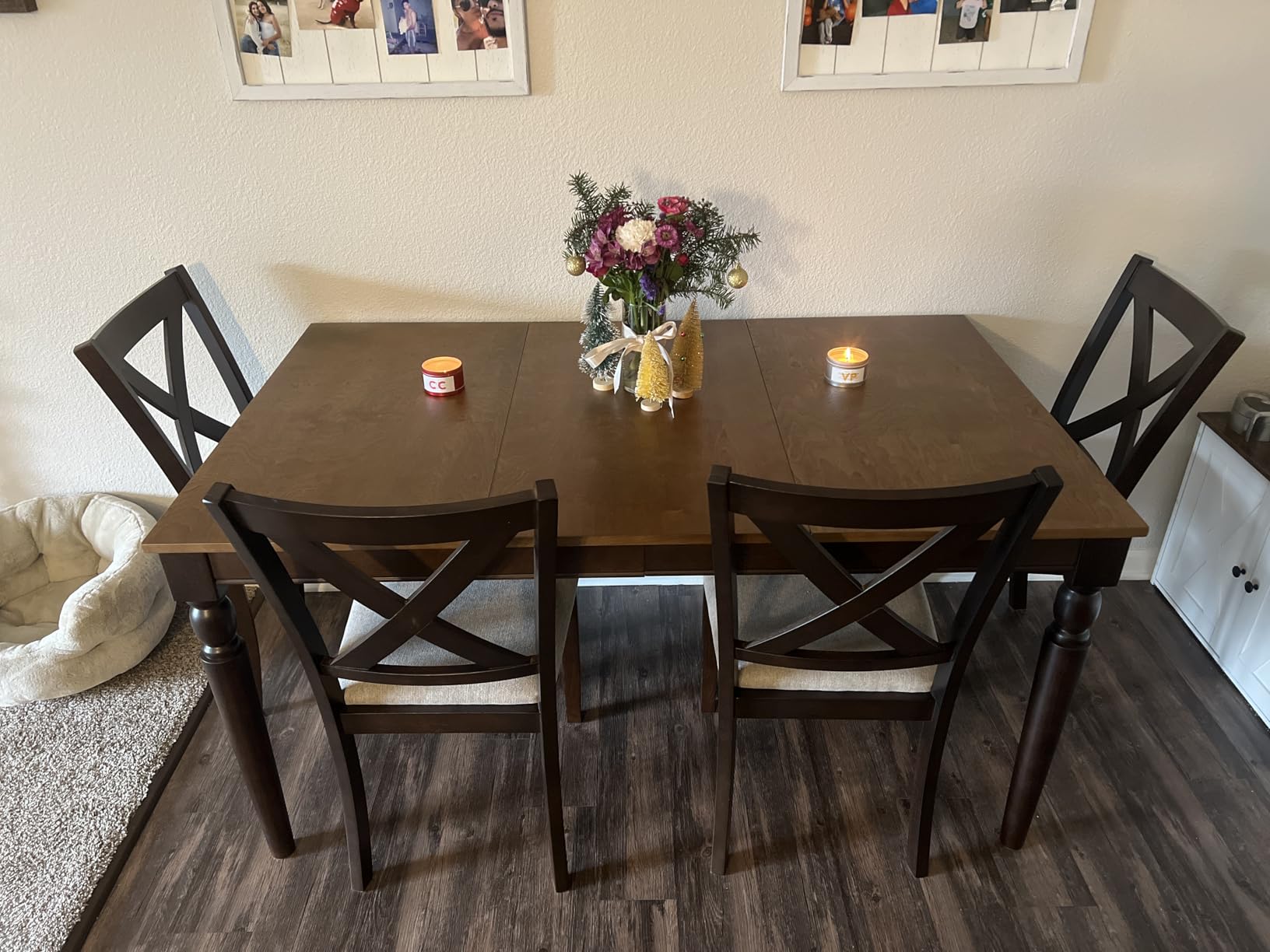 6-Piece Solid Wood Dining Table Set, Upholstered Chair w/Bench Seat, Seating for 6,60'' Farmhouse Wood Kitchen Chairs Set for Living Room, Dining Room, Kitchen, Cream White - Customer Photo 2