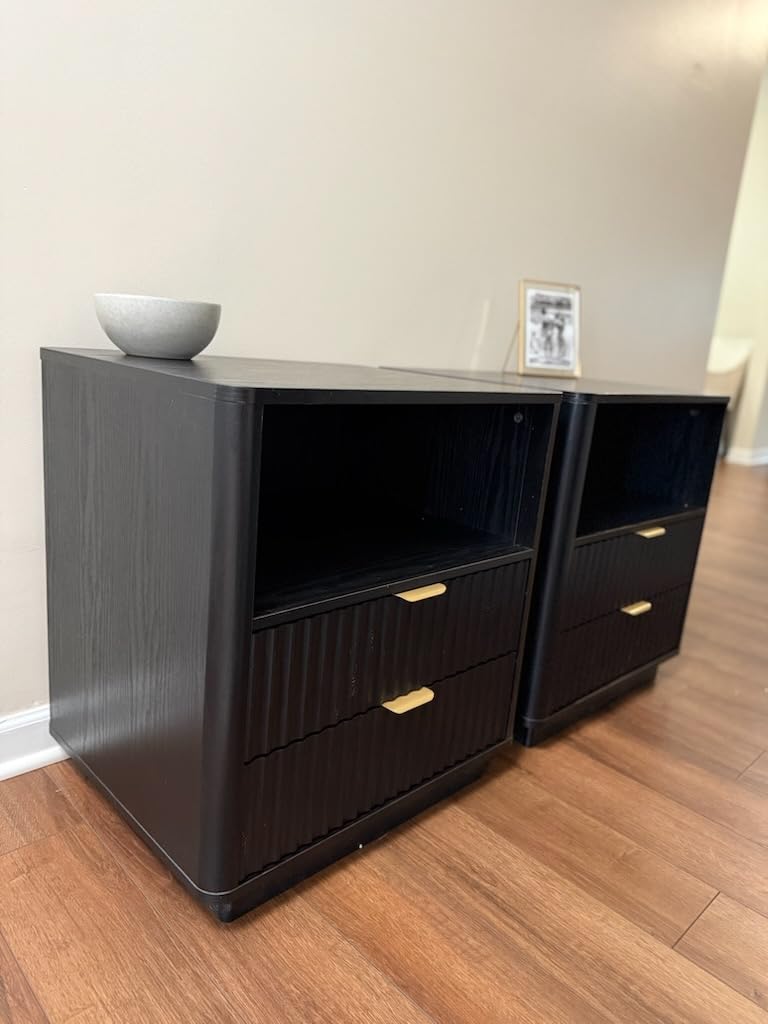 Fluted Nightstands Set of 2, Large Nightstand with Drawers and Storage Shelf - Wooden Nightstands Modern Design Night Stands for Bedroom Sofa Office (2 Pieces, Beige) - Customer Photo 2