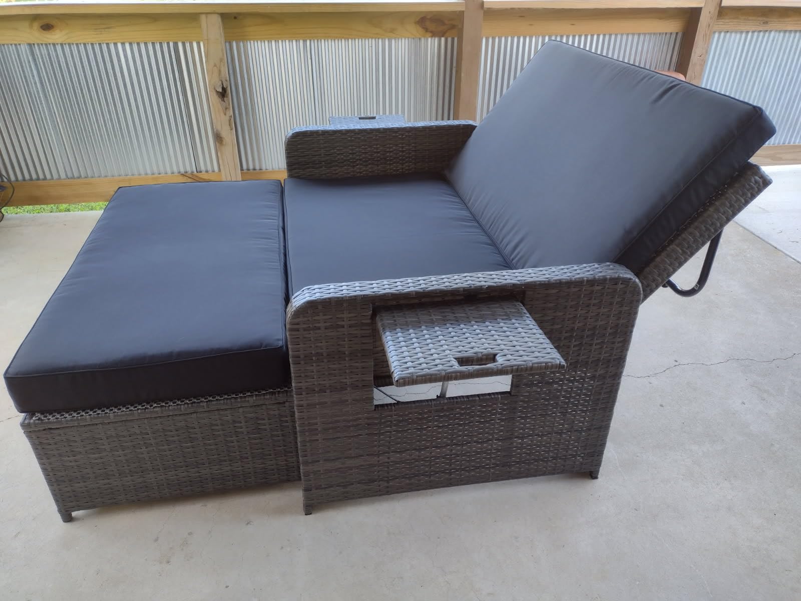 Tangkula Patio Rattan Daybed with 4-Level Adjustable Backrest, Outdoor PE Wicker Loveseat with Storage Ottoman & Folding Side Tray, Double Sunbed Lounger for Balcony, Backyard & Poolside (Grey) - Customer Photo 1
