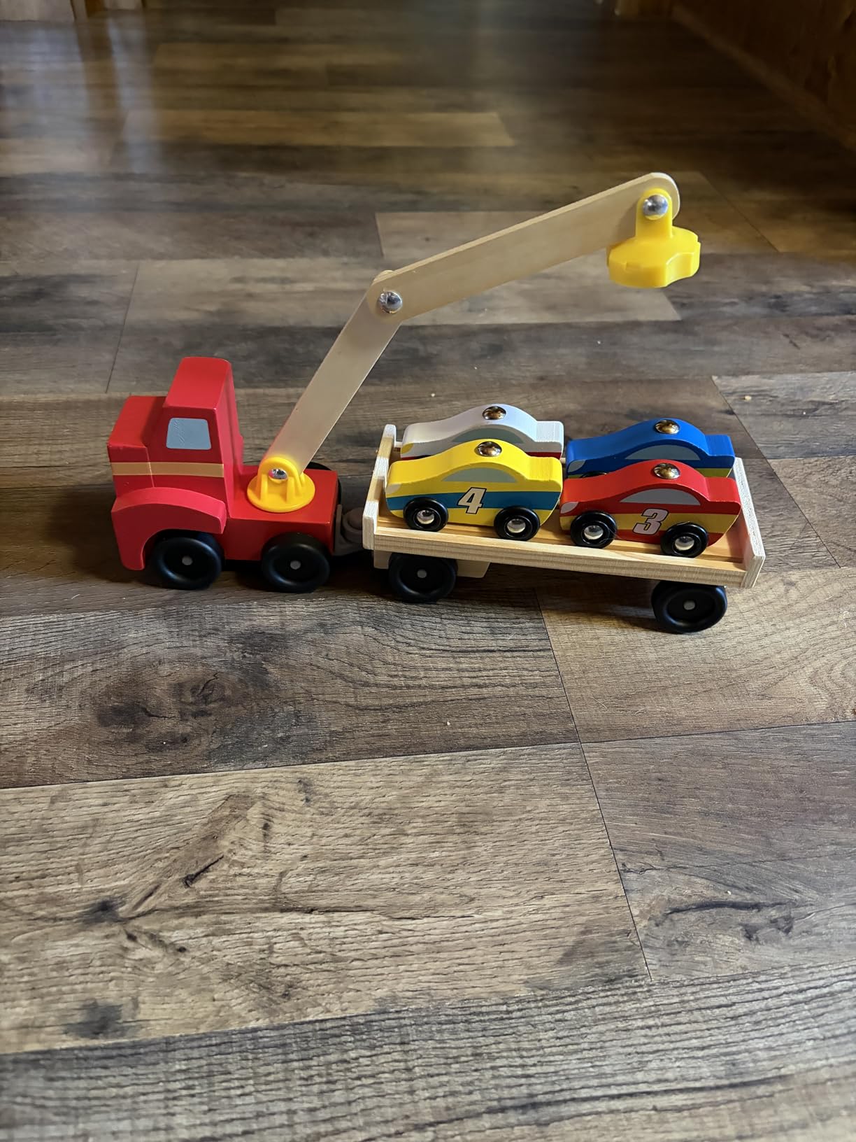 Melissa & Doug Magnetic Car Loader Wooden Toy Set with 4 Cars and 1 Semi-Trailer Truck Crane Wooden Toy, Vehicle Toys for Kids Ages 3+ customer photo 1