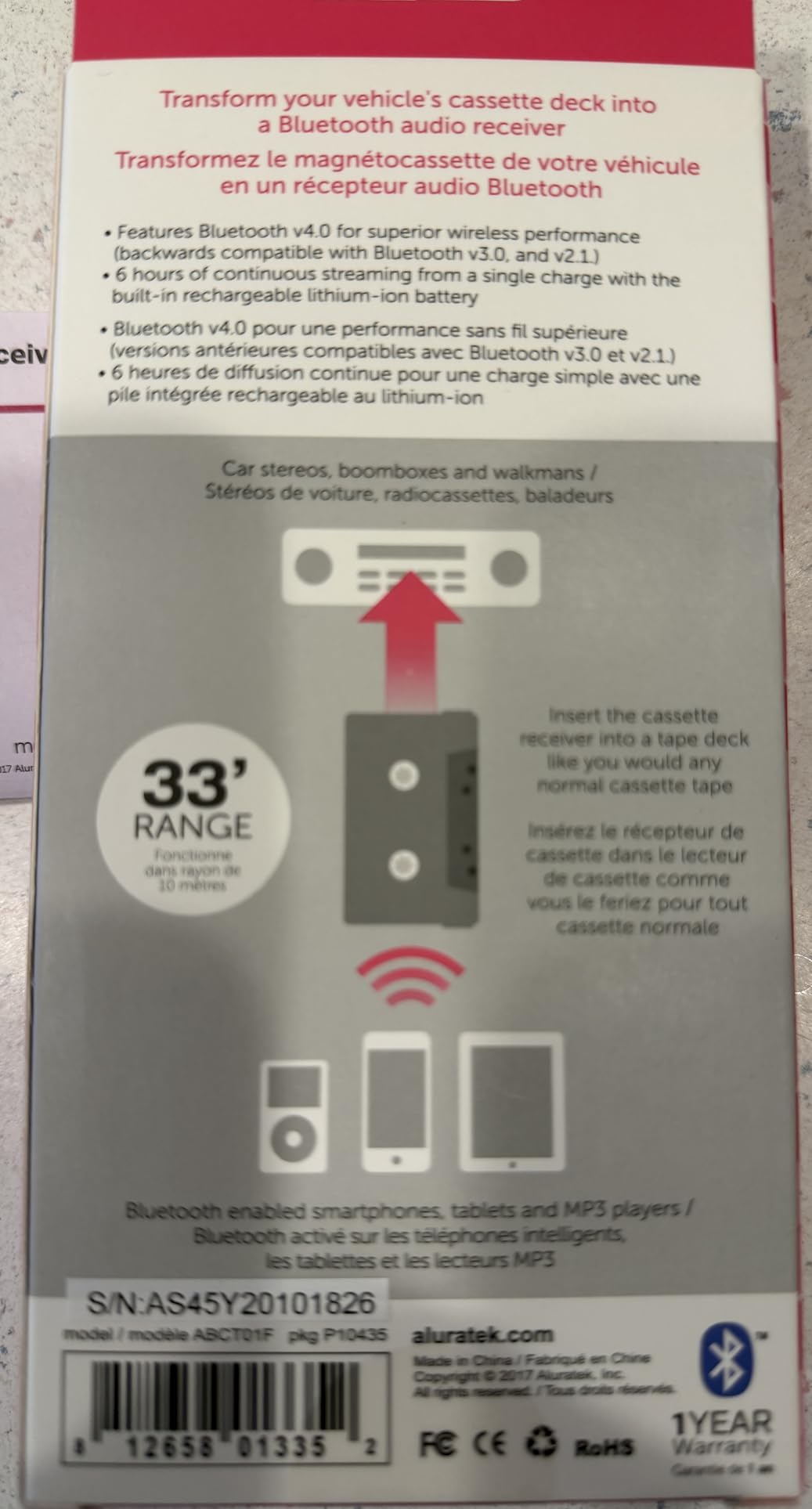 Aluratek Universal Bluetooth Audio Cassette Receiver, Built-in Rechargeable Battery, Up to 8 Hours Playtime, Audio Receiving up to 33 Feet, ABCT01F customer photo 2
