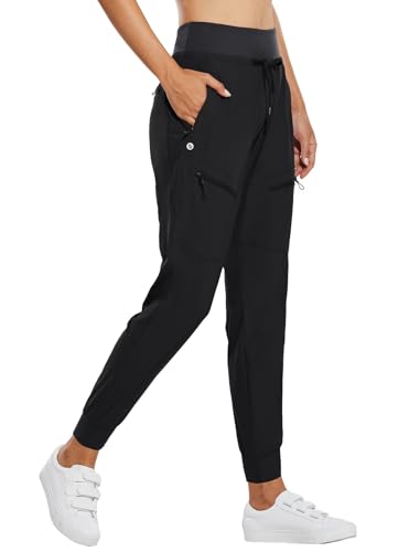 baleaf Women's Joggers 28'' Lightweight Hiking Pants High Waist 5 Zipper Pockets Quick Dry Travel Athletic UPF50+ Black M - 