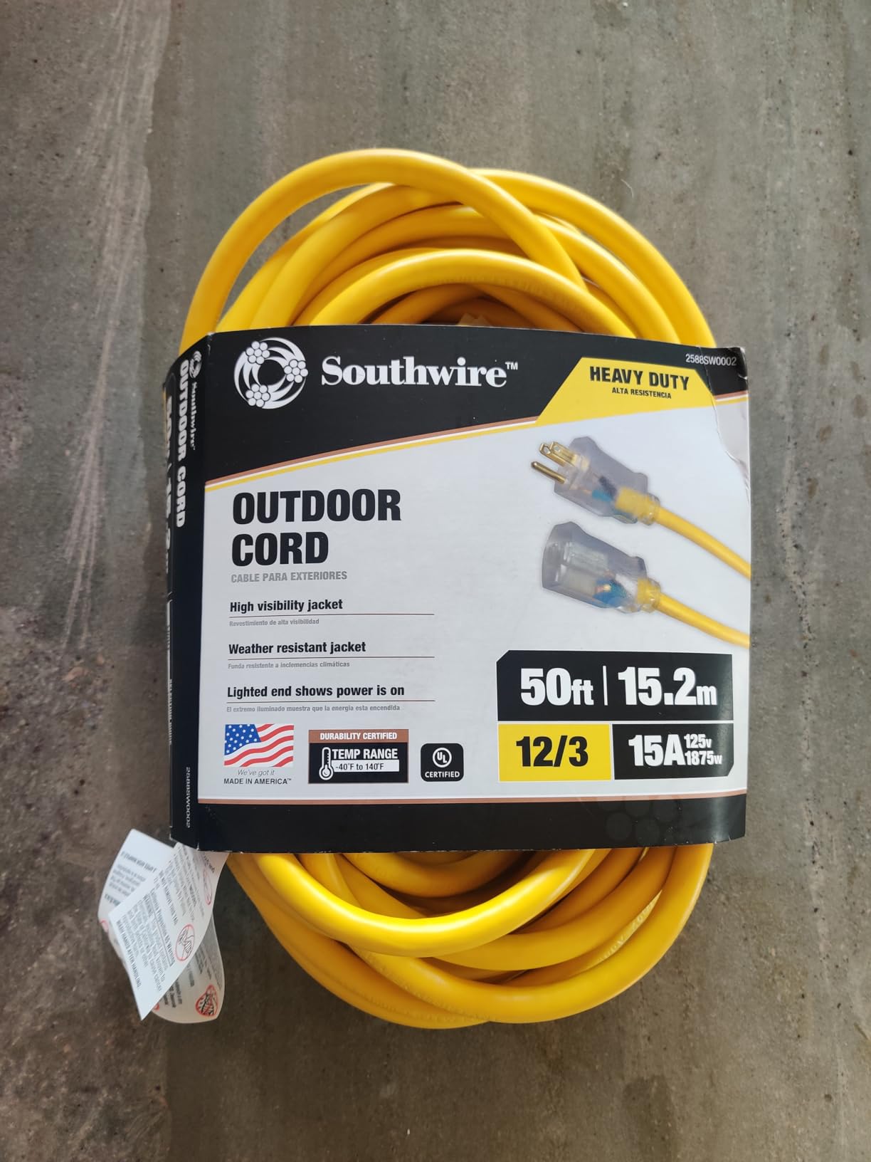 Southwire Outdoor Extension Cord - Durable Vinyl Jacket for Farm, Ranch & Workshop - Lighted End With Reinforced Blades - SJTW, Yellow - 12 Gauge, 3 Prong - 50 Feet customer photo 1