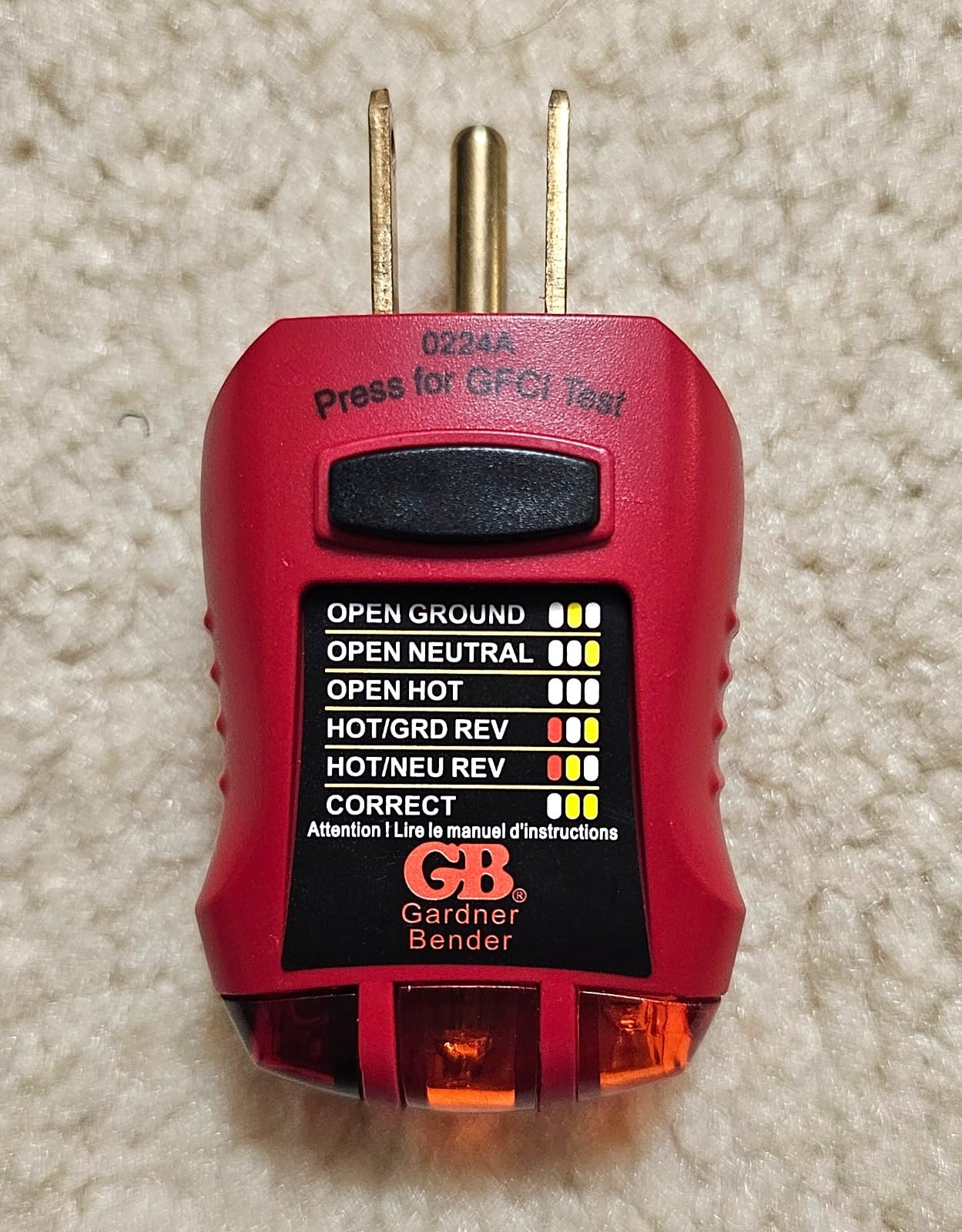 Gardner Bender GFI-3501 Ground Fault Receptacle Tester & Circuit Analyzer, 110-125V AC, for GFCI / Standard / Extension Cords & More, 7 Visual LED Tests , Red customer photo 1