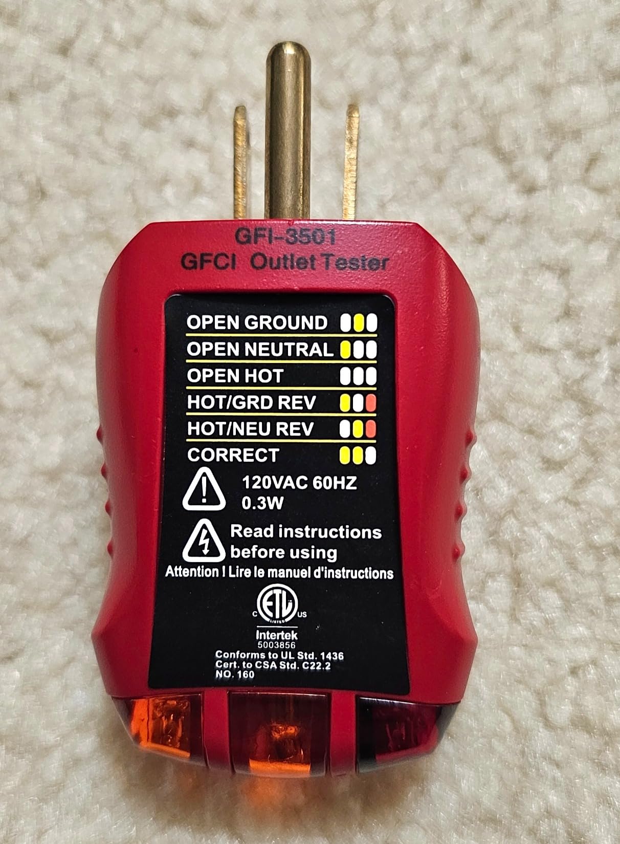 Gardner Bender GFI-3501 Ground Fault Receptacle Tester & Circuit Analyzer, 110-125V AC, for GFCI / Standard / Extension Cords & More, 7 Visual LED Tests , Red customer photo 2