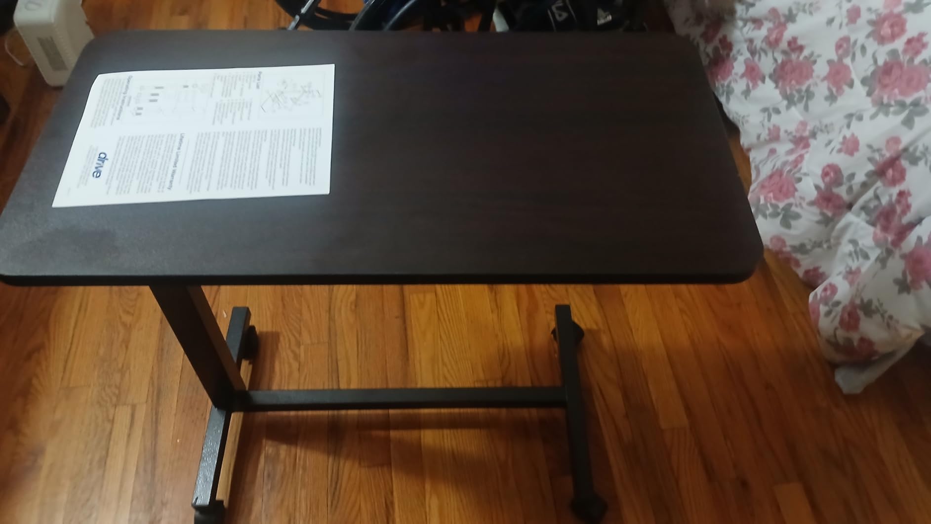 Drive Medical Overbed Table with Wheels - Secure Height Adjustment for Comfort - Non Tilt Surface - Smooth Rolling Design - Home & Hospital Use - Woodgrain Laminate Top - Silver Vein customer photo 2